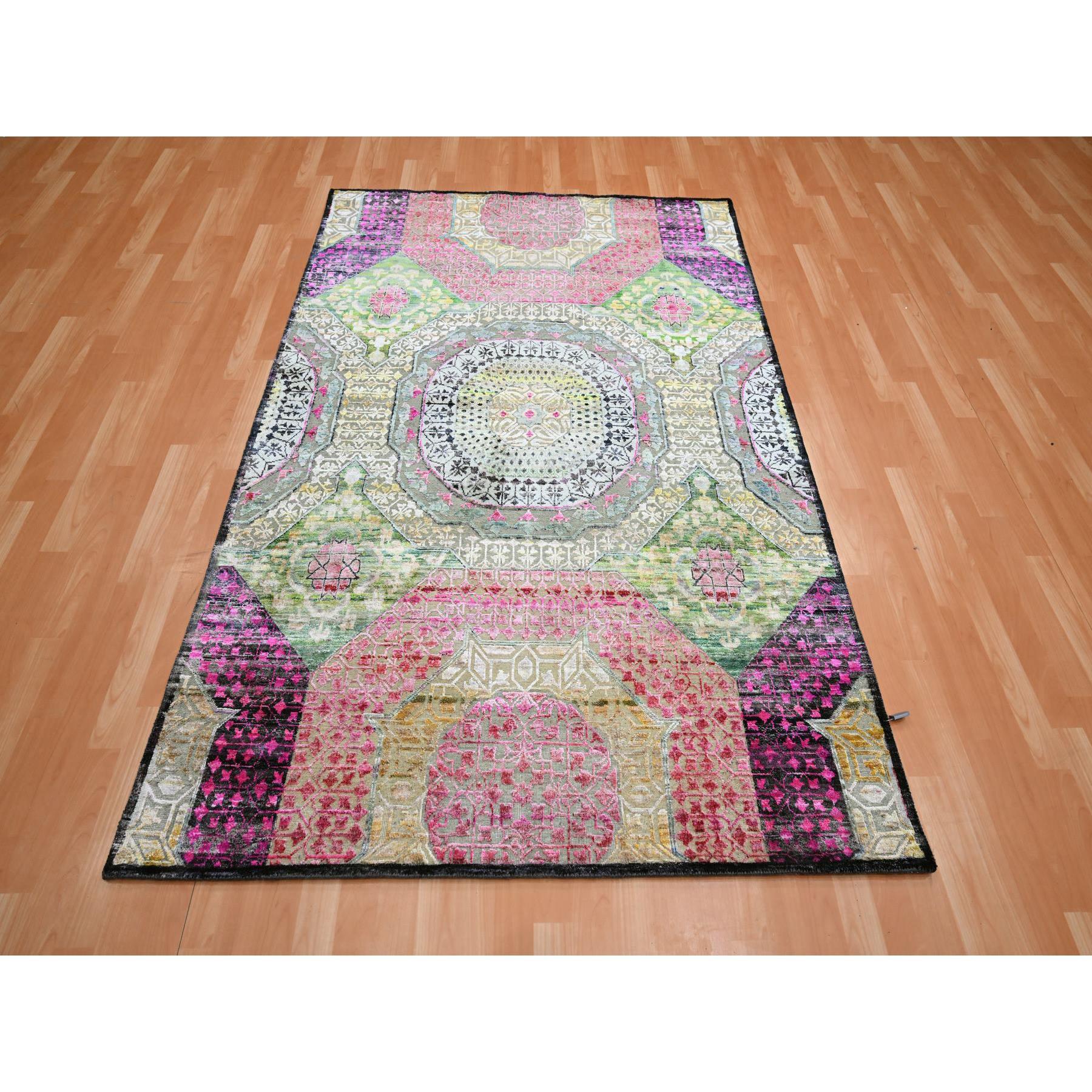 5'1"x7'4" Hot Pink with Yellow, Colorful Mamluk Design, Sari Silk with Textured Wool, Hand Knotted, Oriental Rug Sh75554