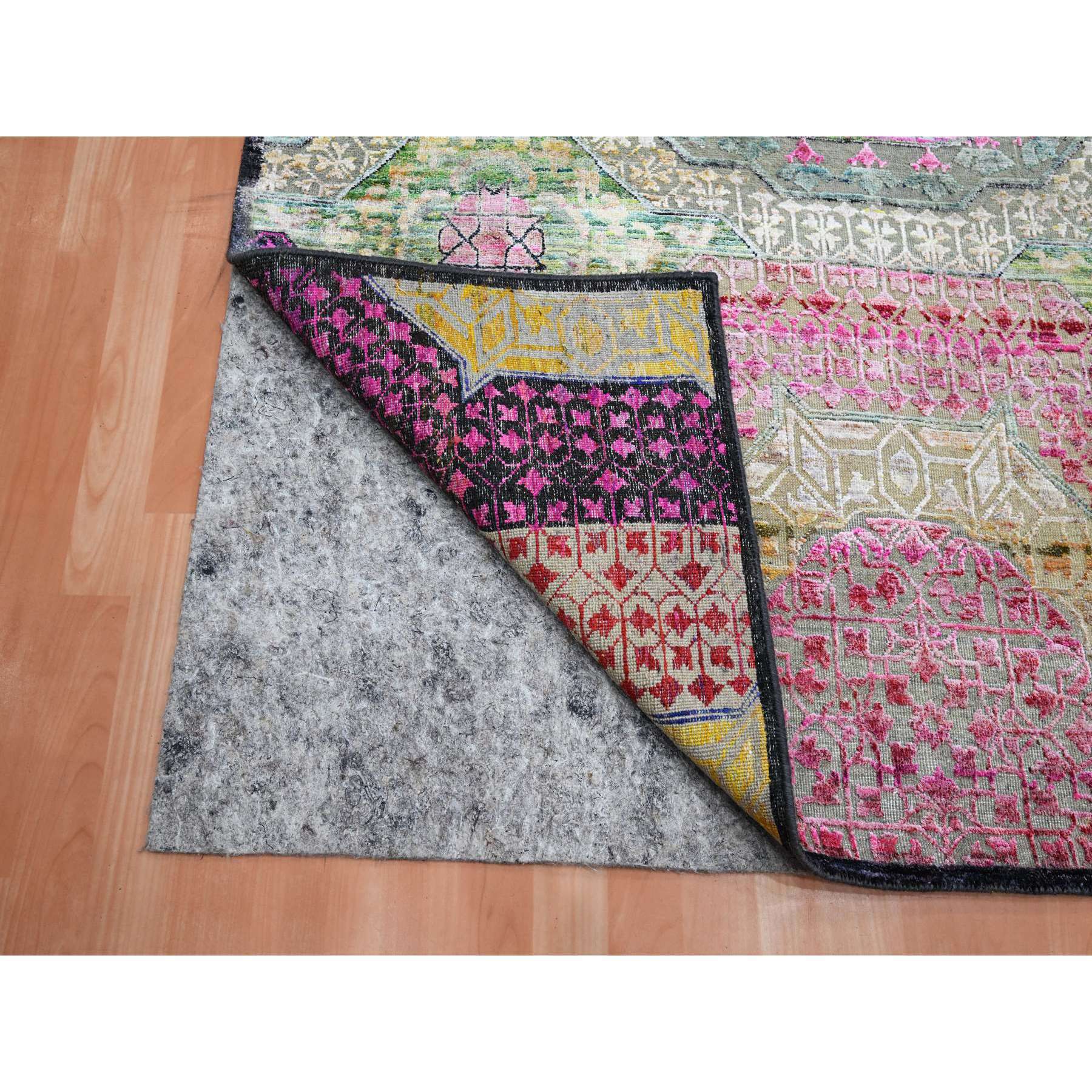 5'1"x7'4" Hot Pink with Yellow, Colorful Mamluk Design, Sari Silk with Textured Wool, Hand Knotted, Oriental Rug Sh75554