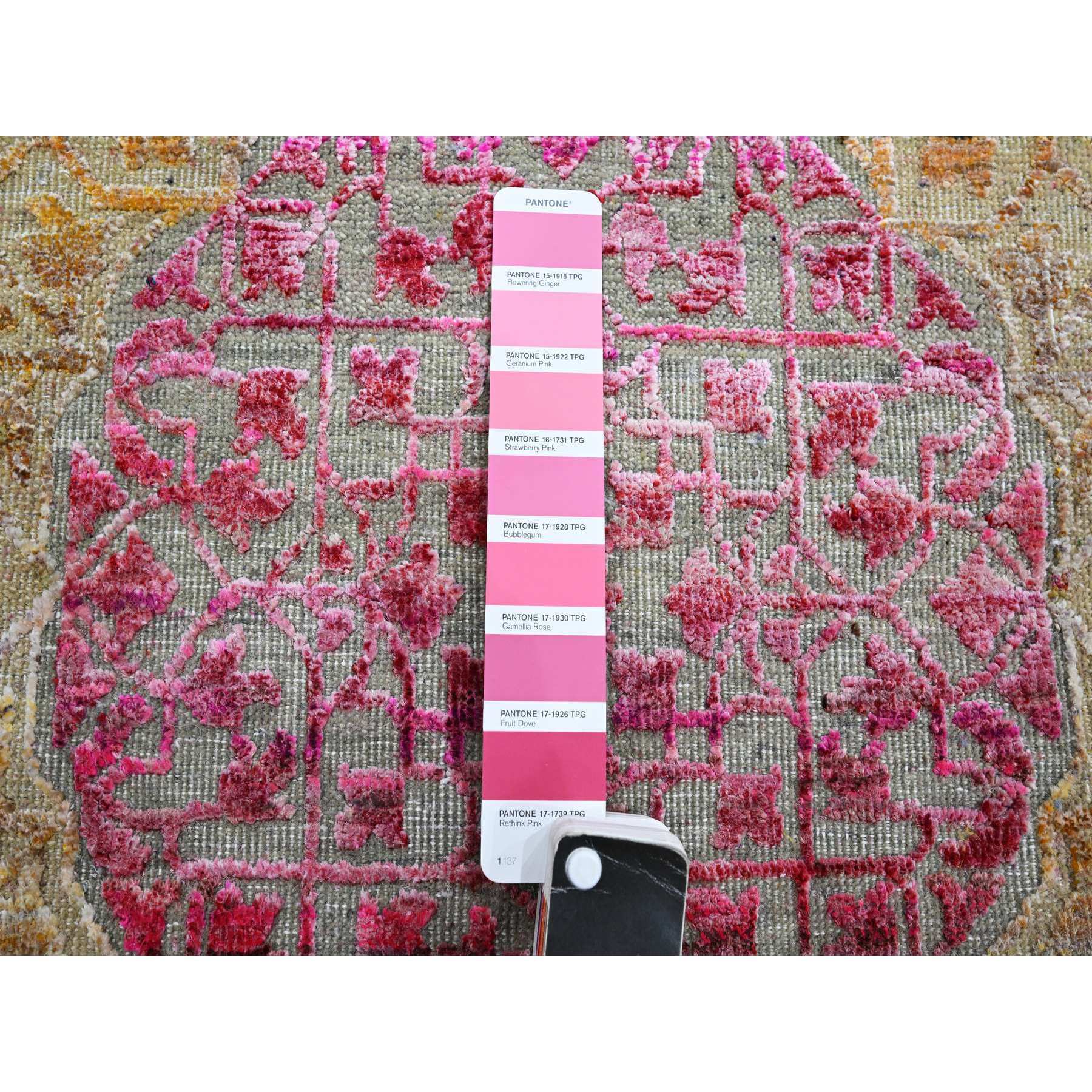 5'1"x7'4" Hot Pink with Yellow, Colorful Mamluk Design, Sari Silk with Textured Wool, Hand Knotted, Oriental Rug Sh75554