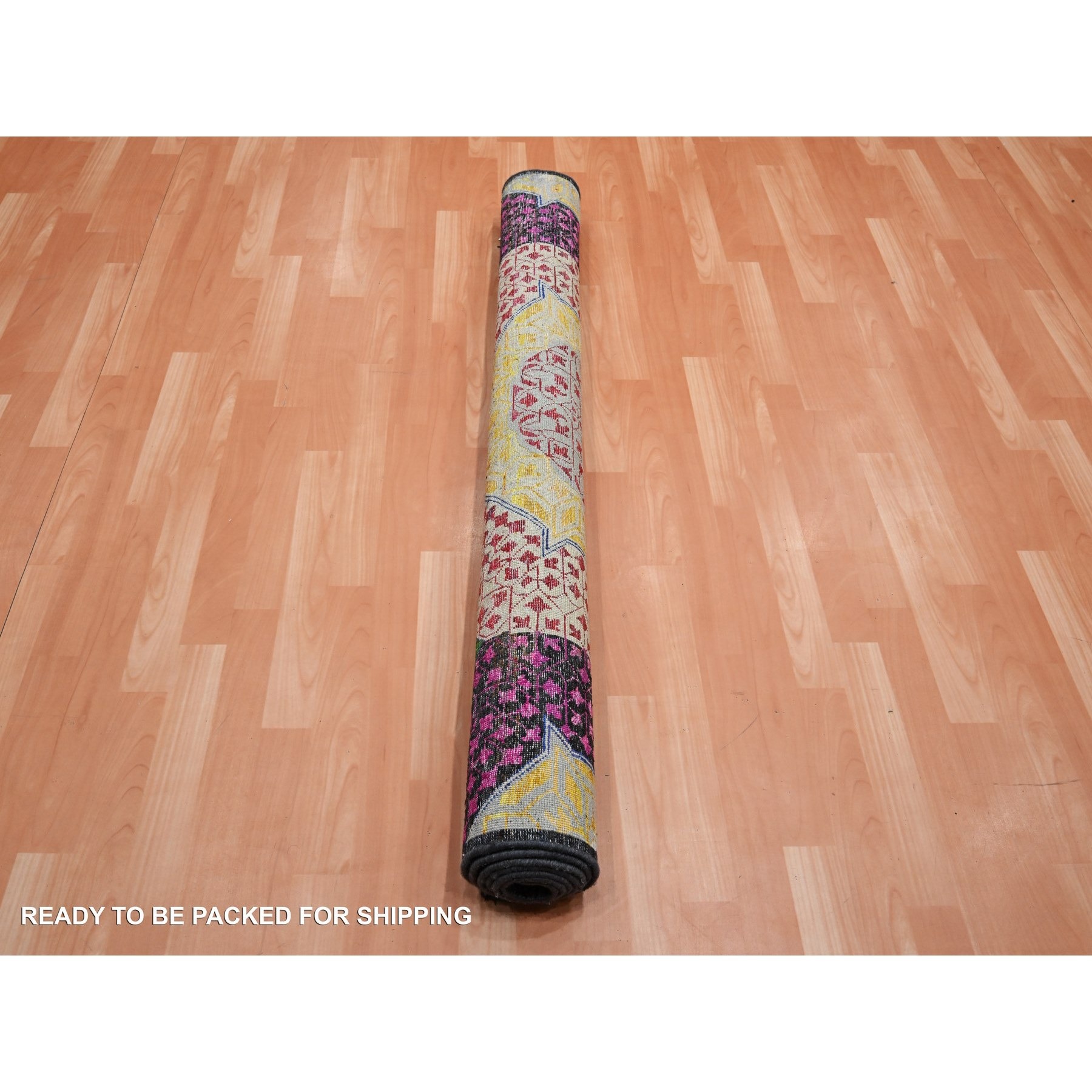 5'1"x7'4" Hot Pink with Yellow, Colorful Mamluk Design, Sari Silk with Textured Wool, Hand Knotted, Oriental Rug Sh75554