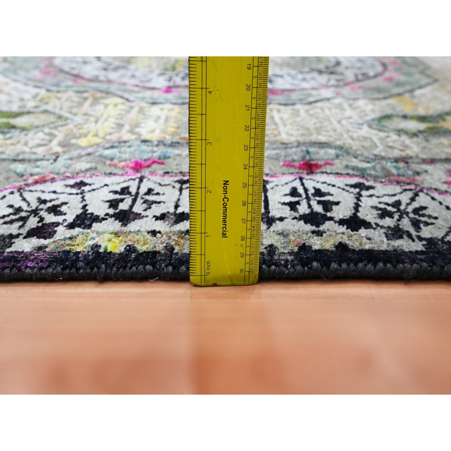 5'1"x7'4" Hot Pink with Yellow, Colorful Mamluk Design, Sari Silk with Textured Wool, Hand Knotted, Oriental Rug Sh75554
