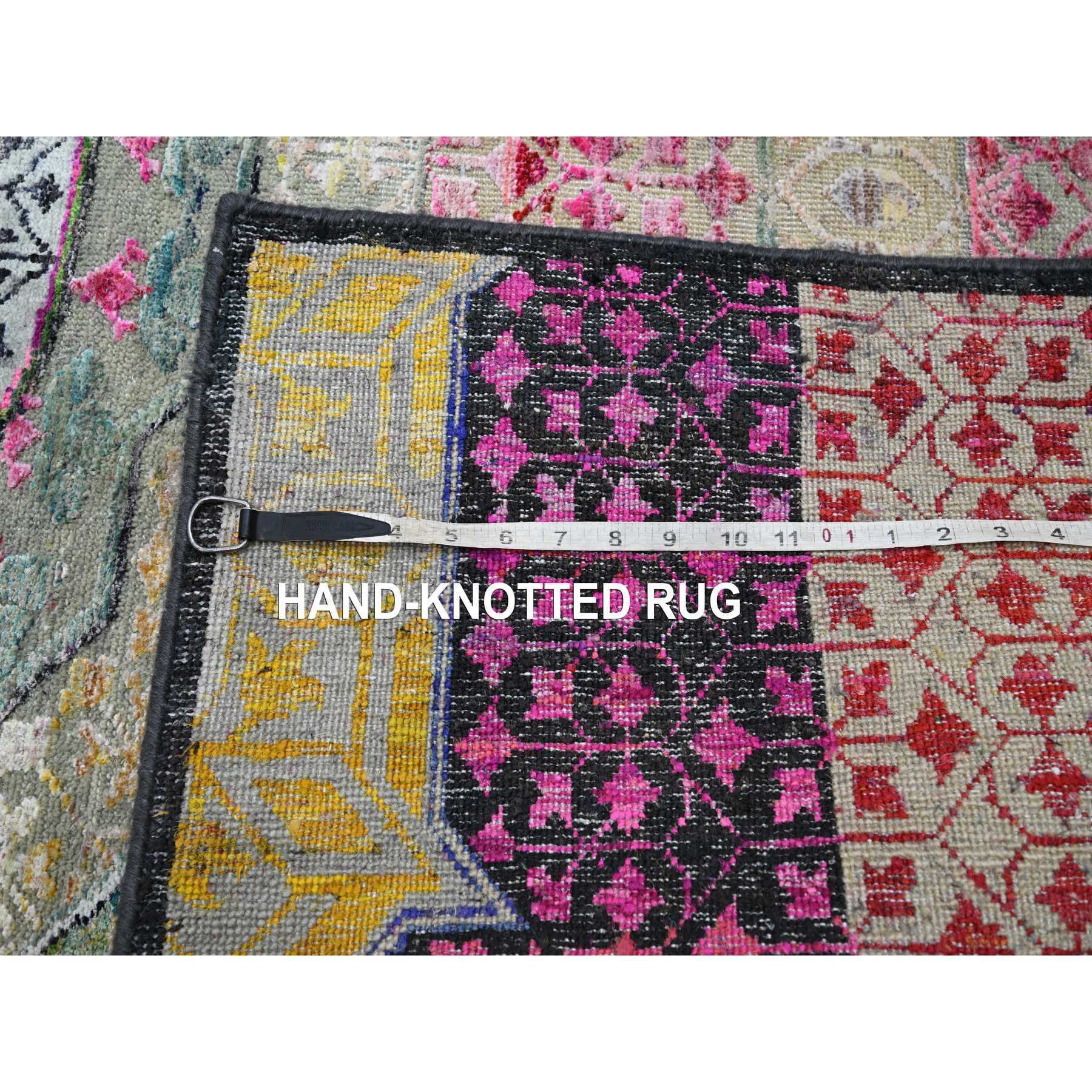 5'1"x7'4" Hot Pink with Yellow, Colorful Mamluk Design, Sari Silk with Textured Wool, Hand Knotted, Oriental Rug Sh75554