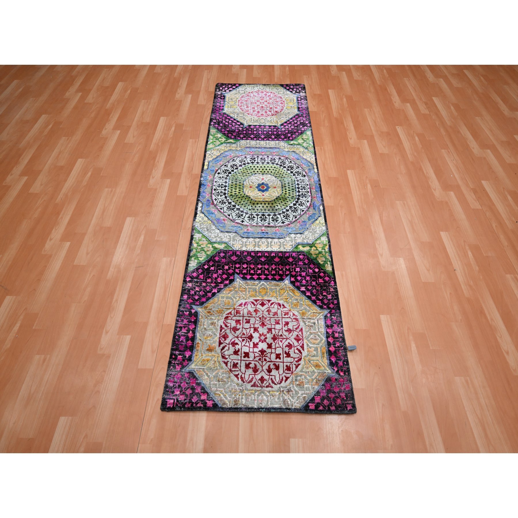 2'9"x8'1" Crimson Red with Yellow, Sari Silk with Textured Wool, Colorful Mamluk Design, Hand Knotted, Runner, Oriental Rug Sh75555