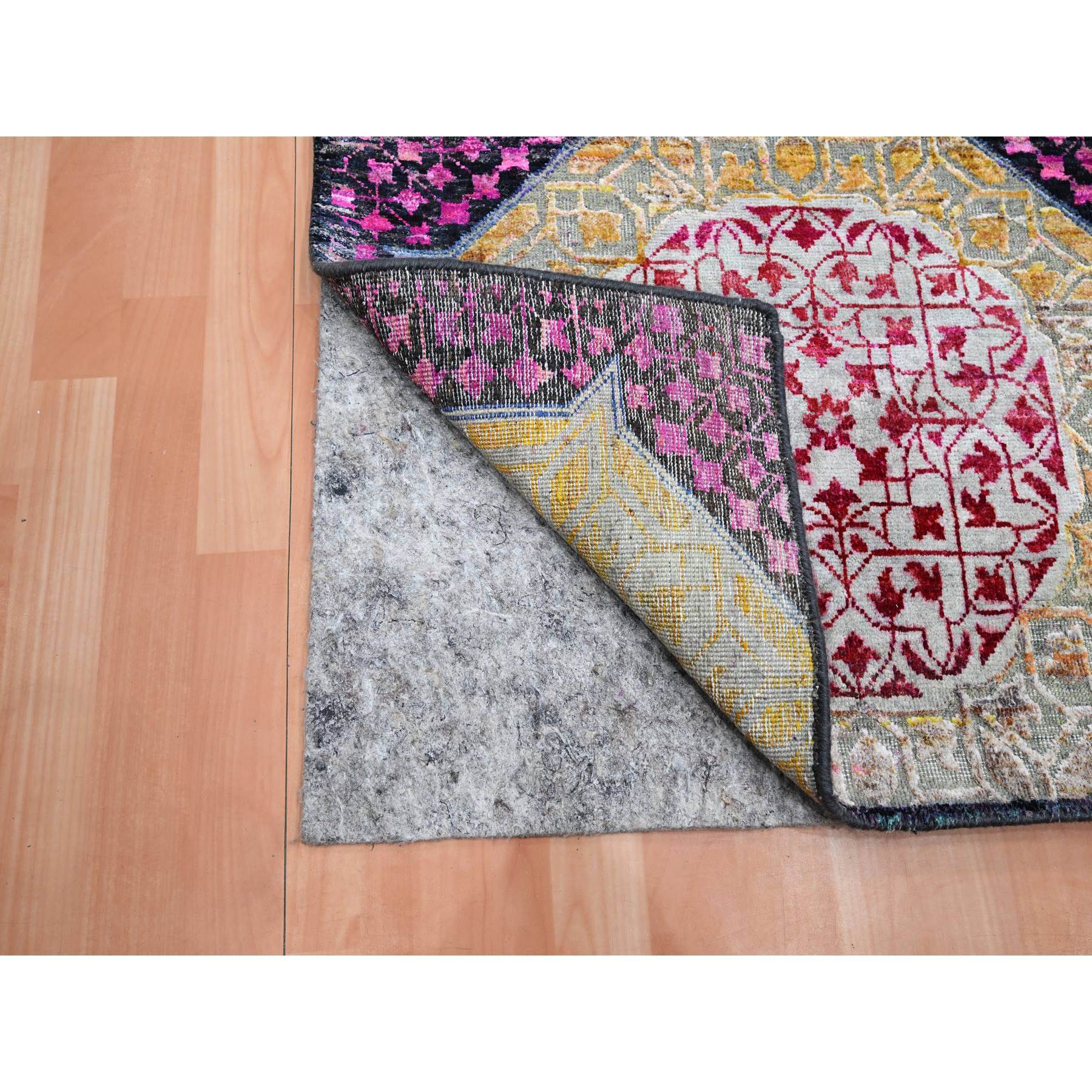 2'9"x8'1" Crimson Red with Yellow, Sari Silk with Textured Wool, Colorful Mamluk Design, Hand Knotted, Runner, Oriental Rug Sh75555