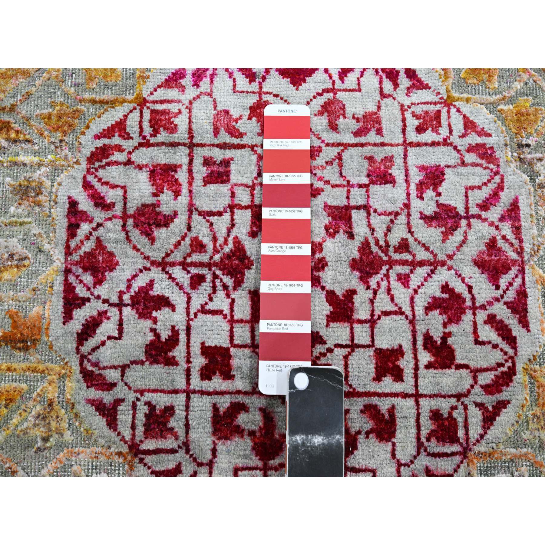 2'9"x8'1" Crimson Red with Yellow, Sari Silk with Textured Wool, Colorful Mamluk Design, Hand Knotted, Runner, Oriental Rug Sh75555