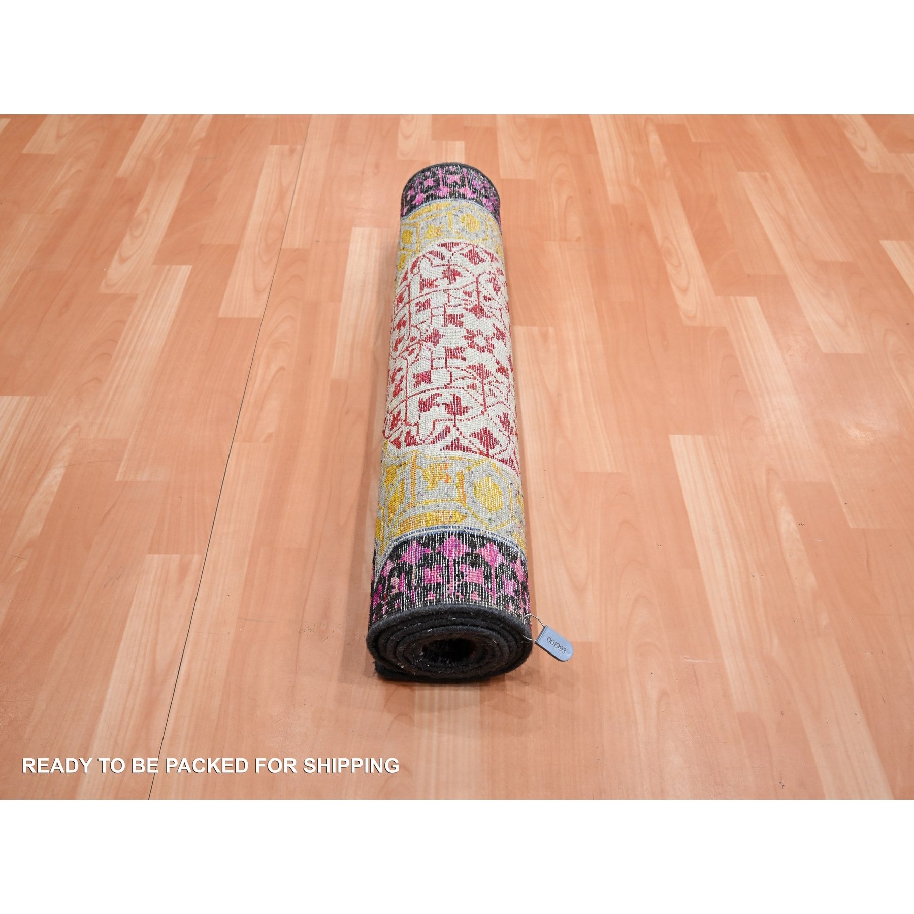 2'9"x8'1" Crimson Red with Yellow, Sari Silk with Textured Wool, Colorful Mamluk Design, Hand Knotted, Runner, Oriental Rug Sh75555
