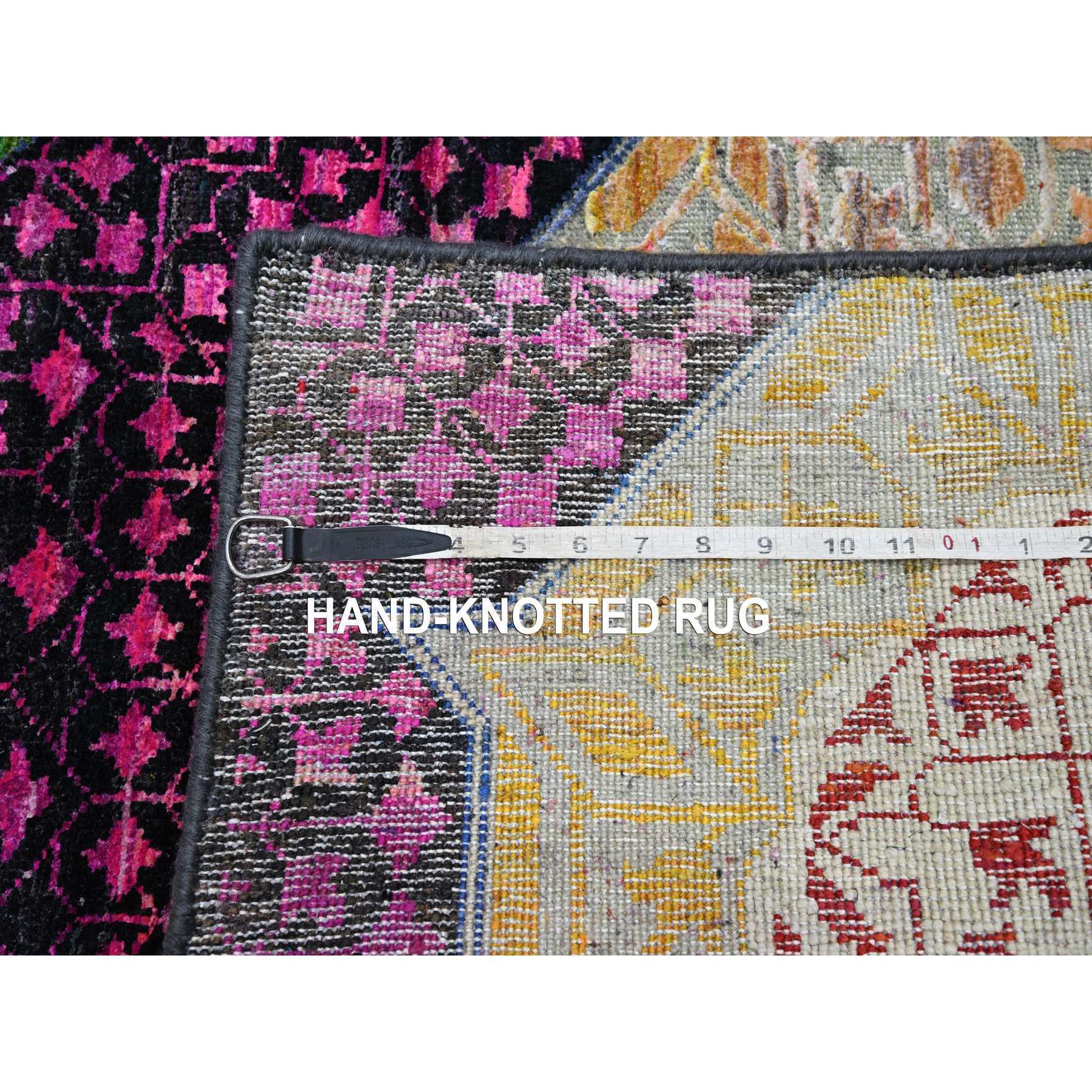 2'9"x8'1" Crimson Red with Yellow, Sari Silk with Textured Wool, Colorful Mamluk Design, Hand Knotted, Runner, Oriental Rug Sh75555