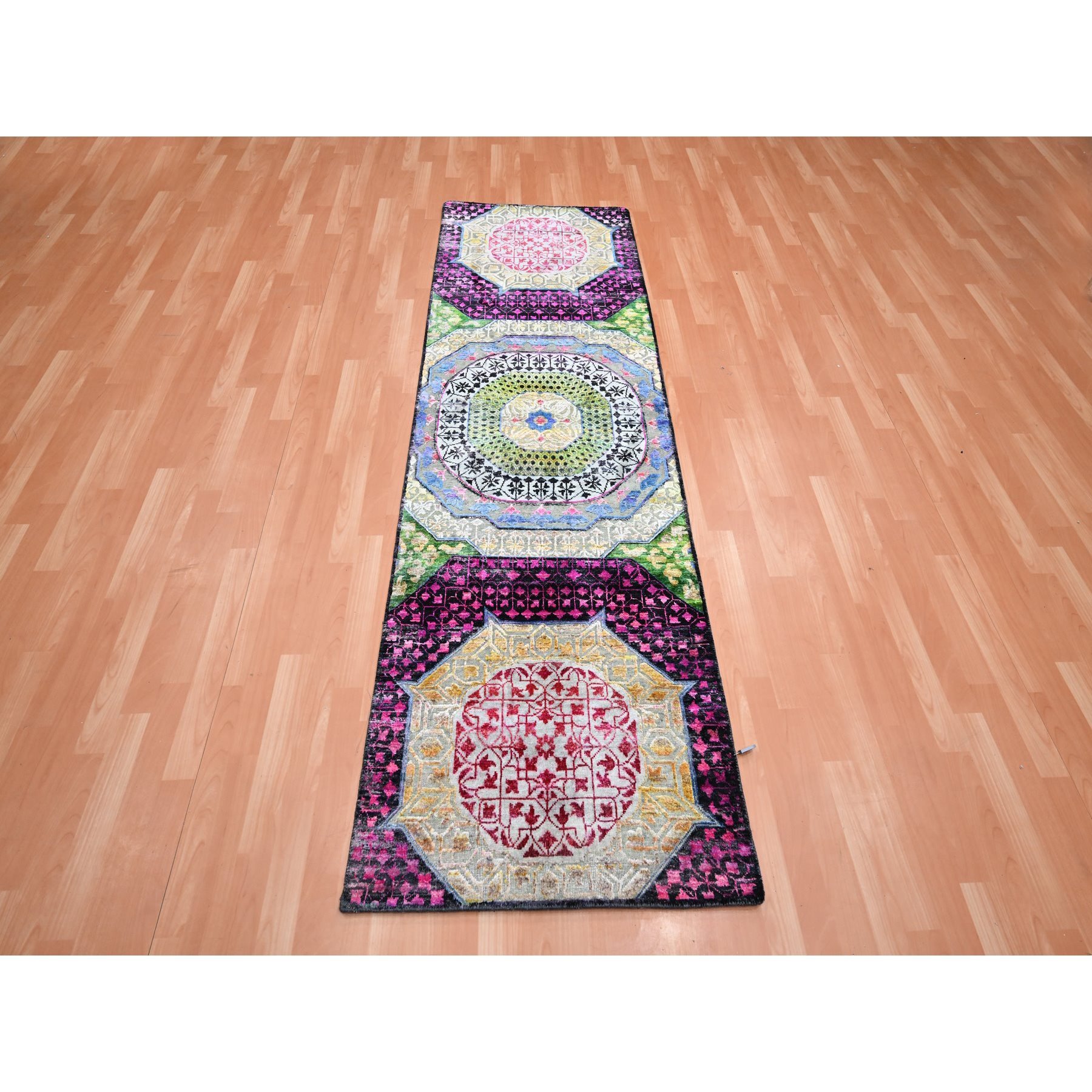 2'8"x8'1" Salsa Red and Yellow, Hand Knotted, Colorful Mamluk Design, Sari Silk with Textured Wool, Runner, Oriental Rug Sh75556