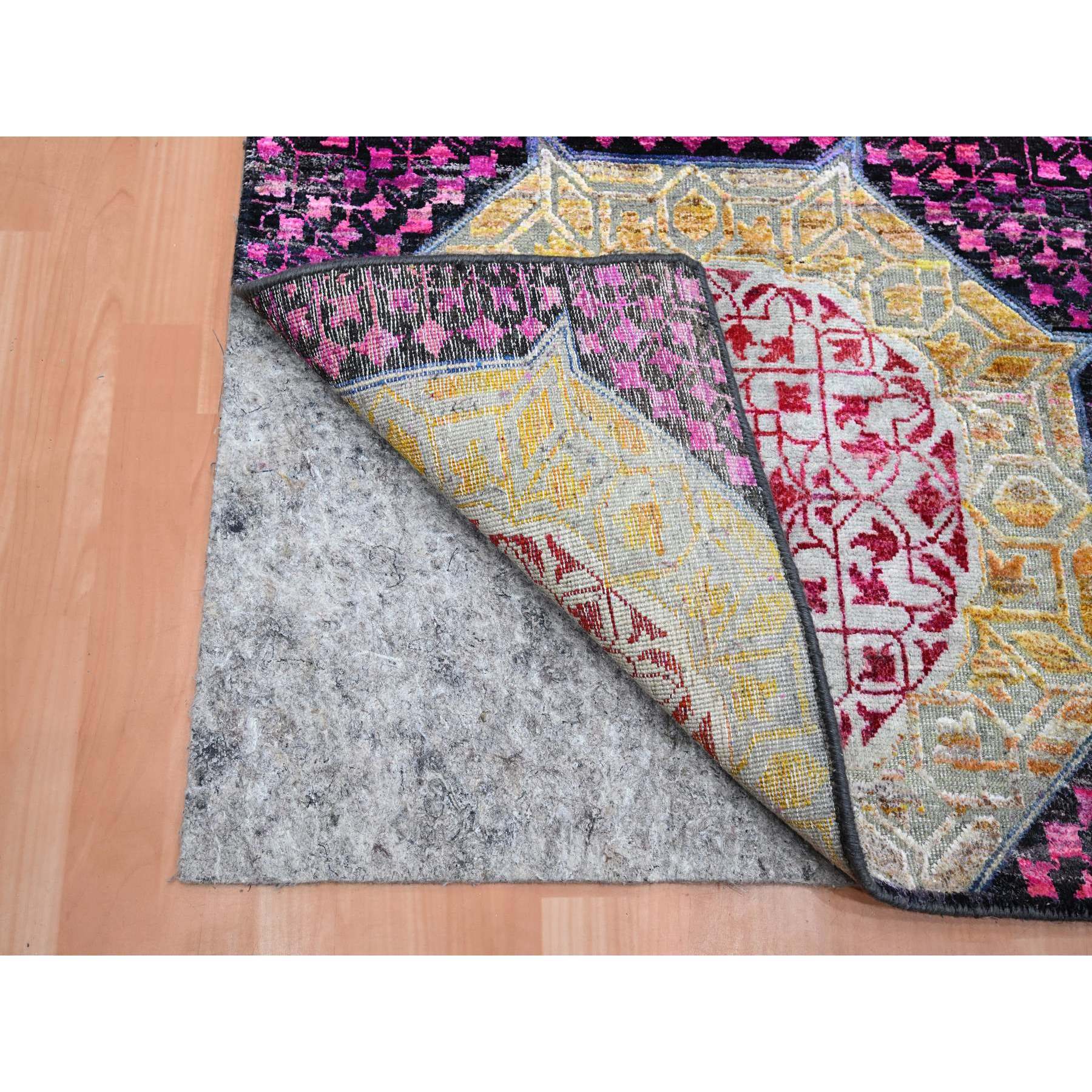 2'8"x8'1" Salsa Red and Yellow, Hand Knotted, Colorful Mamluk Design, Sari Silk with Textured Wool, Runner, Oriental Rug Sh75556