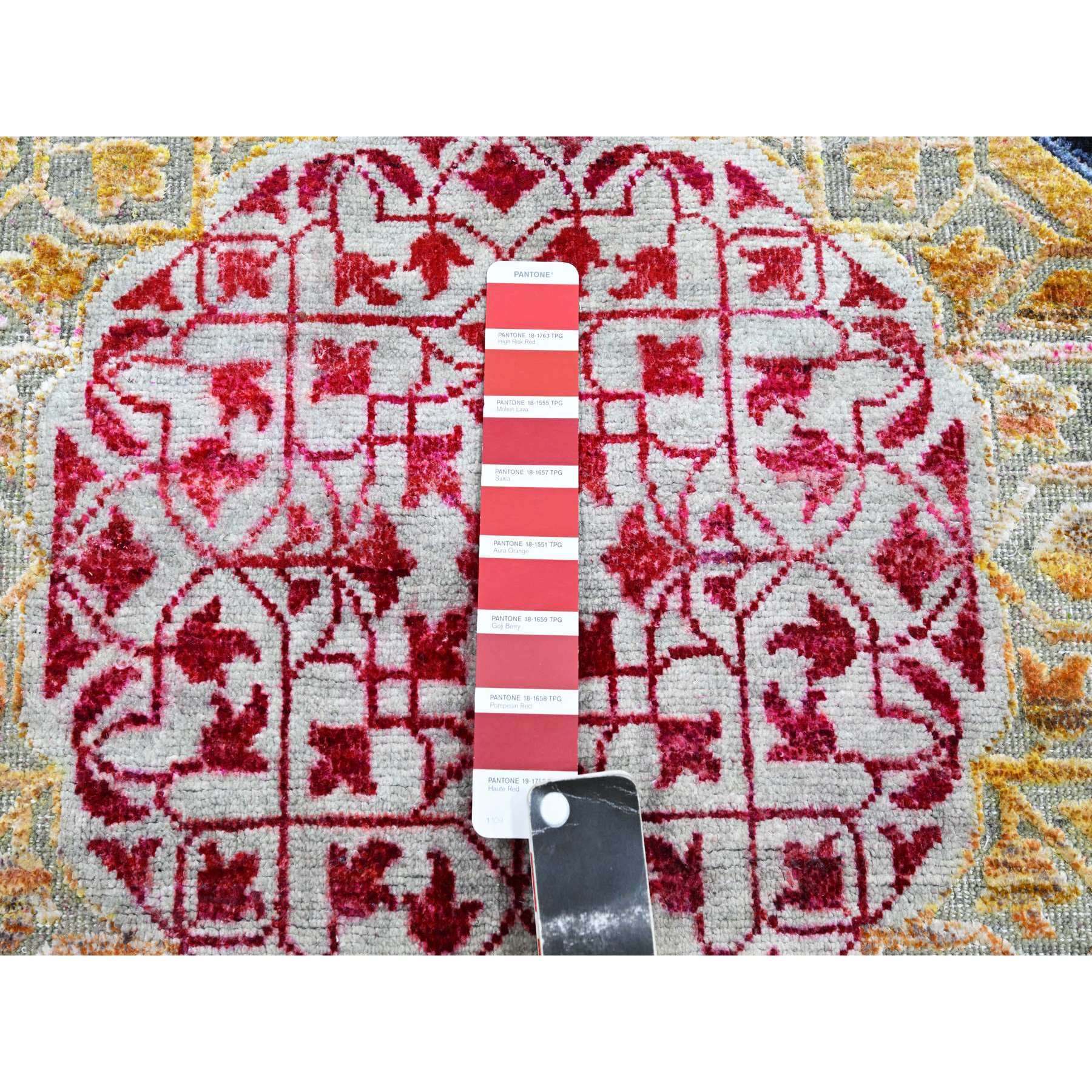 2'8"x8'1" Salsa Red and Yellow, Hand Knotted, Colorful Mamluk Design, Sari Silk with Textured Wool, Runner, Oriental Rug Sh75556