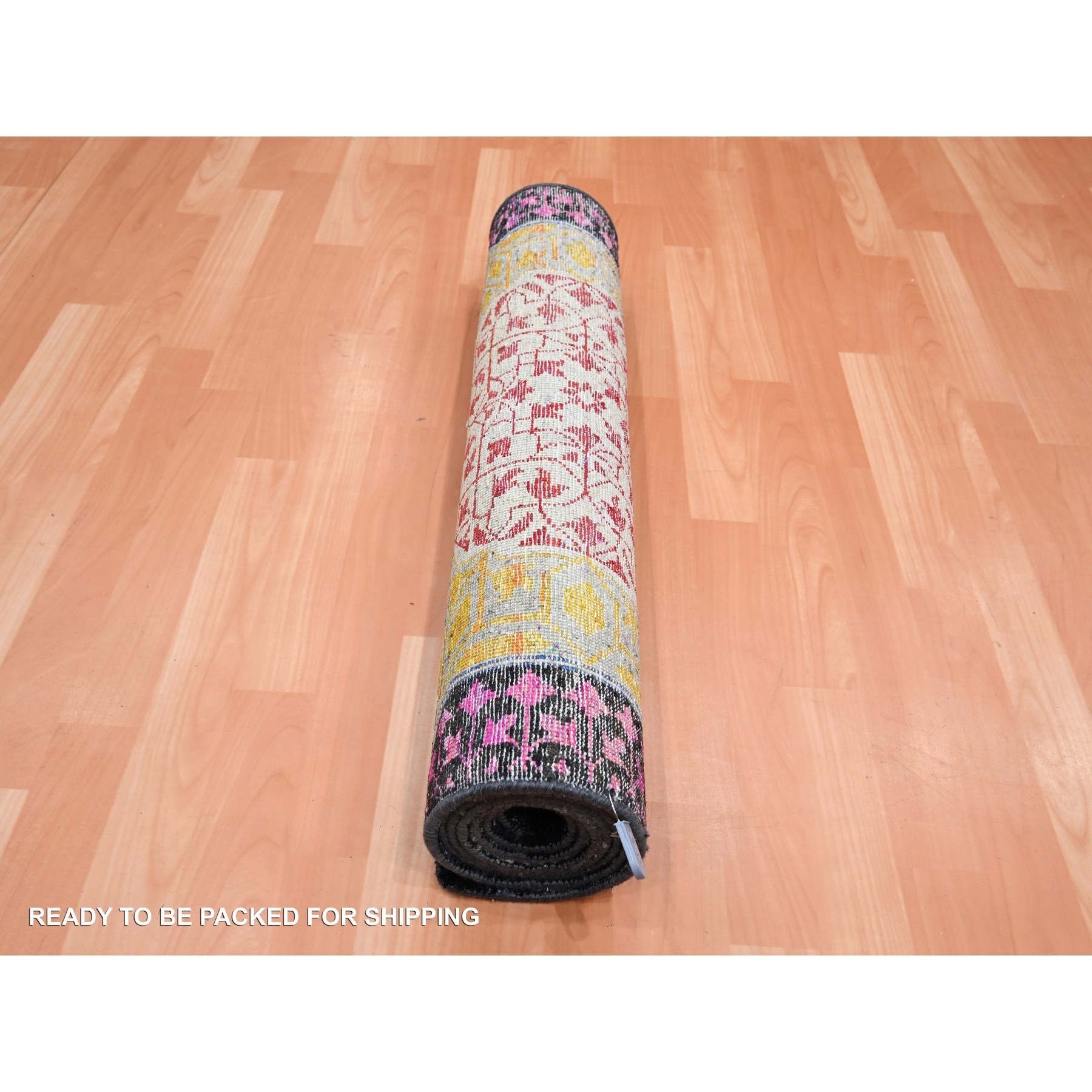 2'8"x8'1" Salsa Red and Yellow, Hand Knotted, Colorful Mamluk Design, Sari Silk with Textured Wool, Runner, Oriental Rug Sh75556