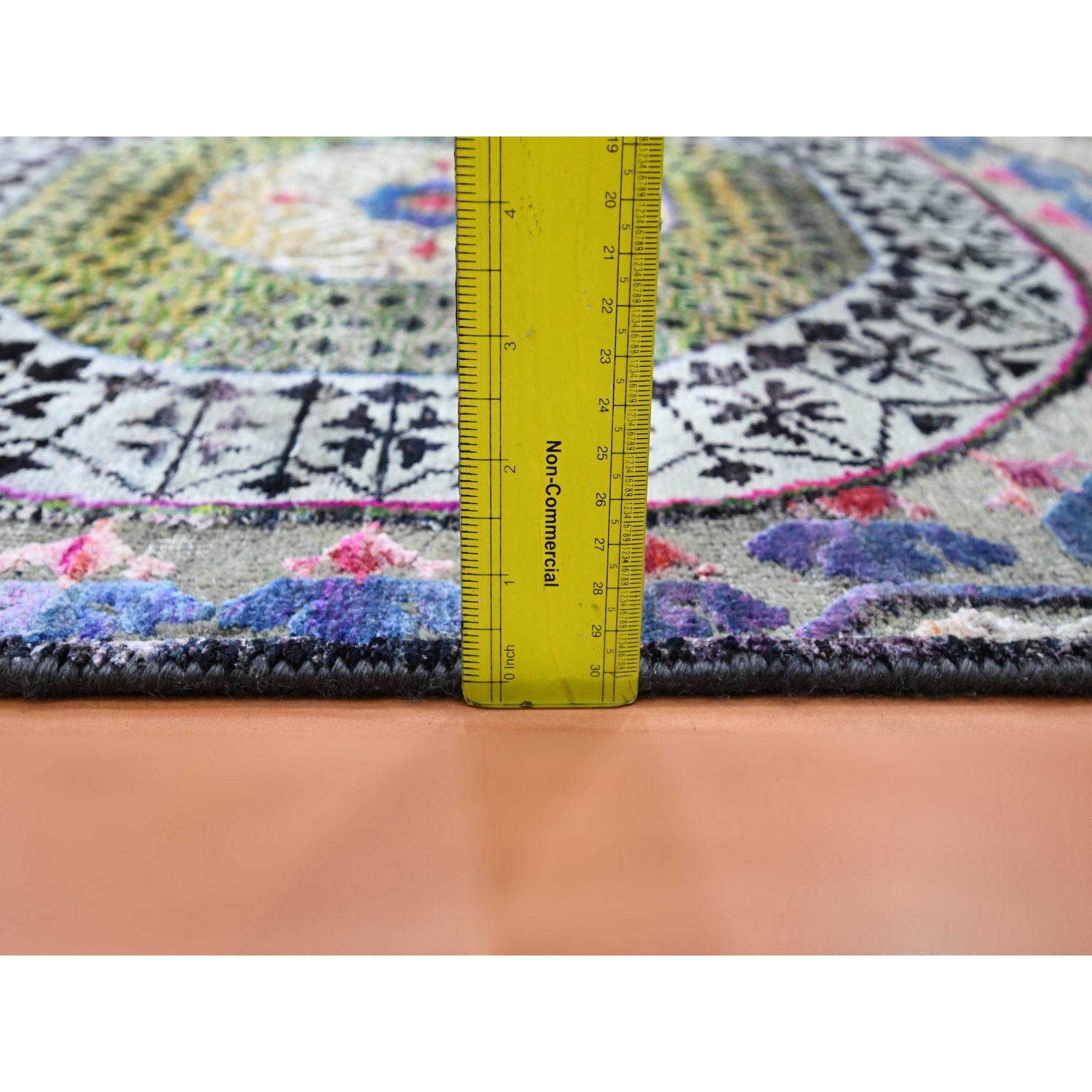 2'8"x8'1" Salsa Red and Yellow, Hand Knotted, Colorful Mamluk Design, Sari Silk with Textured Wool, Runner, Oriental Rug Sh75556
