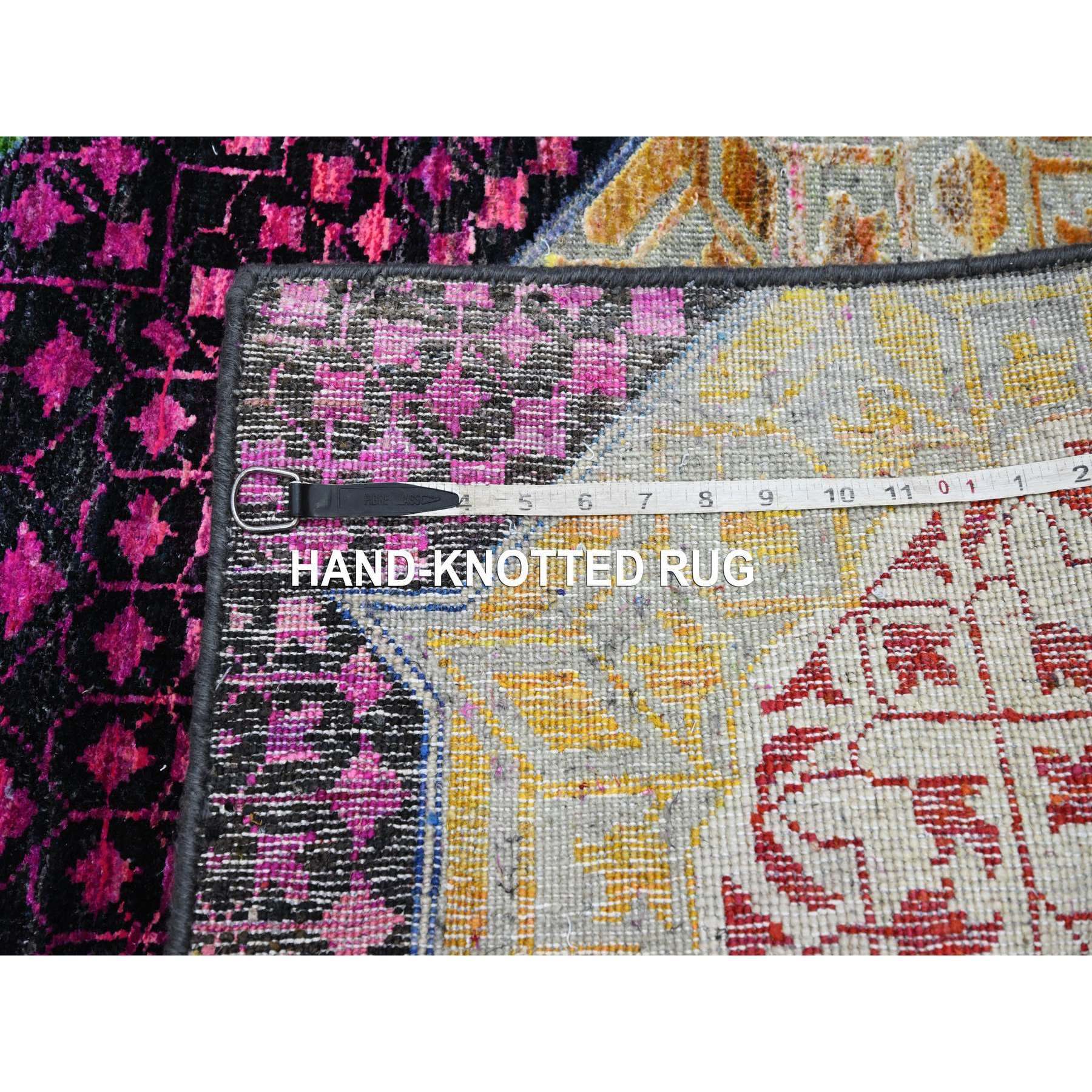 2'8"x8'1" Salsa Red and Yellow, Hand Knotted, Colorful Mamluk Design, Sari Silk with Textured Wool, Runner, Oriental Rug Sh75556