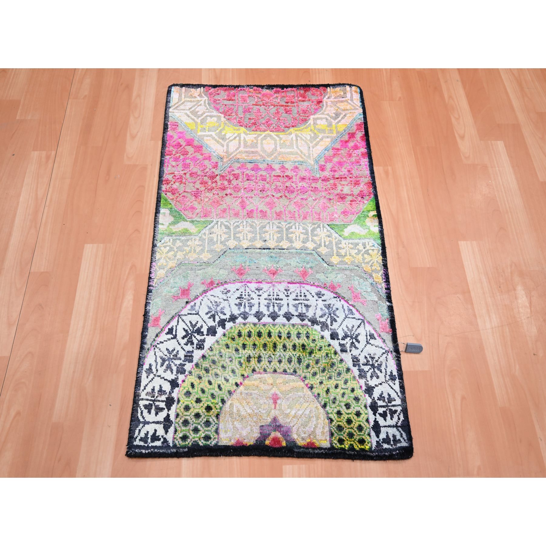 2'x3'4" Pastel Yellow with Pink, Mamluk Design, Sari Silk with Textured Wool, Hand Knotted, Mat, Oriental Rug Sh75557