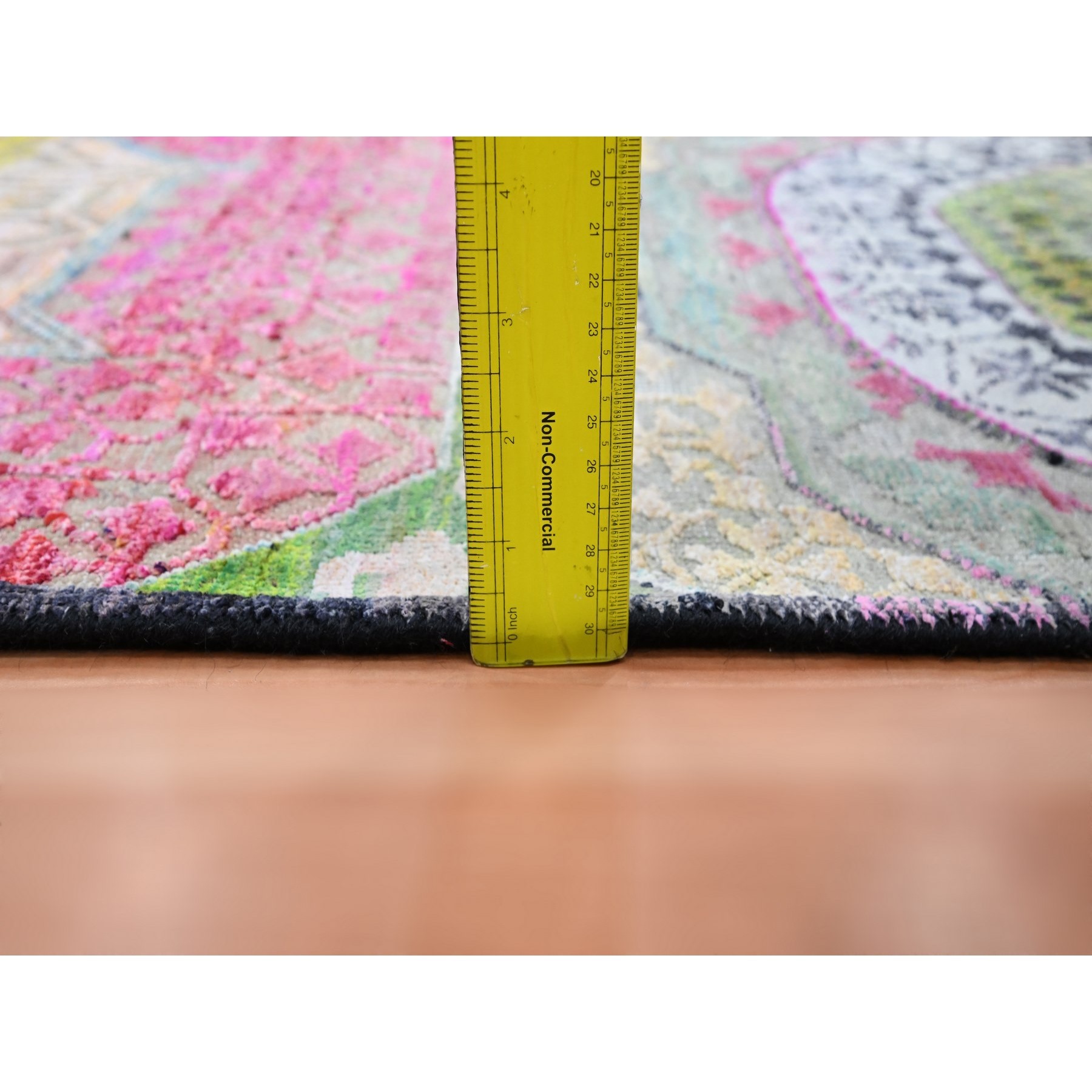 2'x3'4" Pastel Yellow with Pink, Mamluk Design, Sari Silk with Textured Wool, Hand Knotted, Mat, Oriental Rug Sh75557