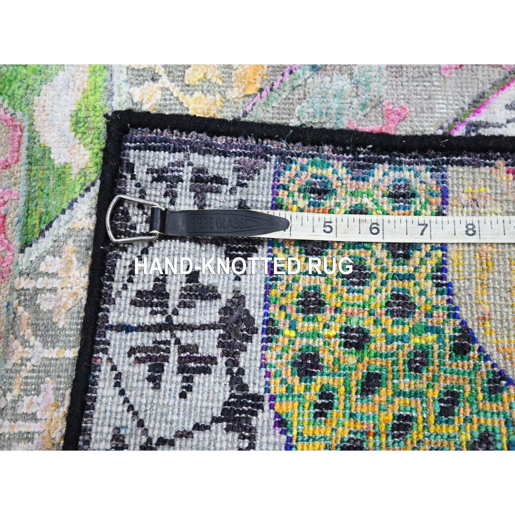 2'x3'4" Pastel Yellow with Pink, Mamluk Design, Sari Silk with Textured Wool, Hand Knotted, Mat, Oriental Rug Sh75557
