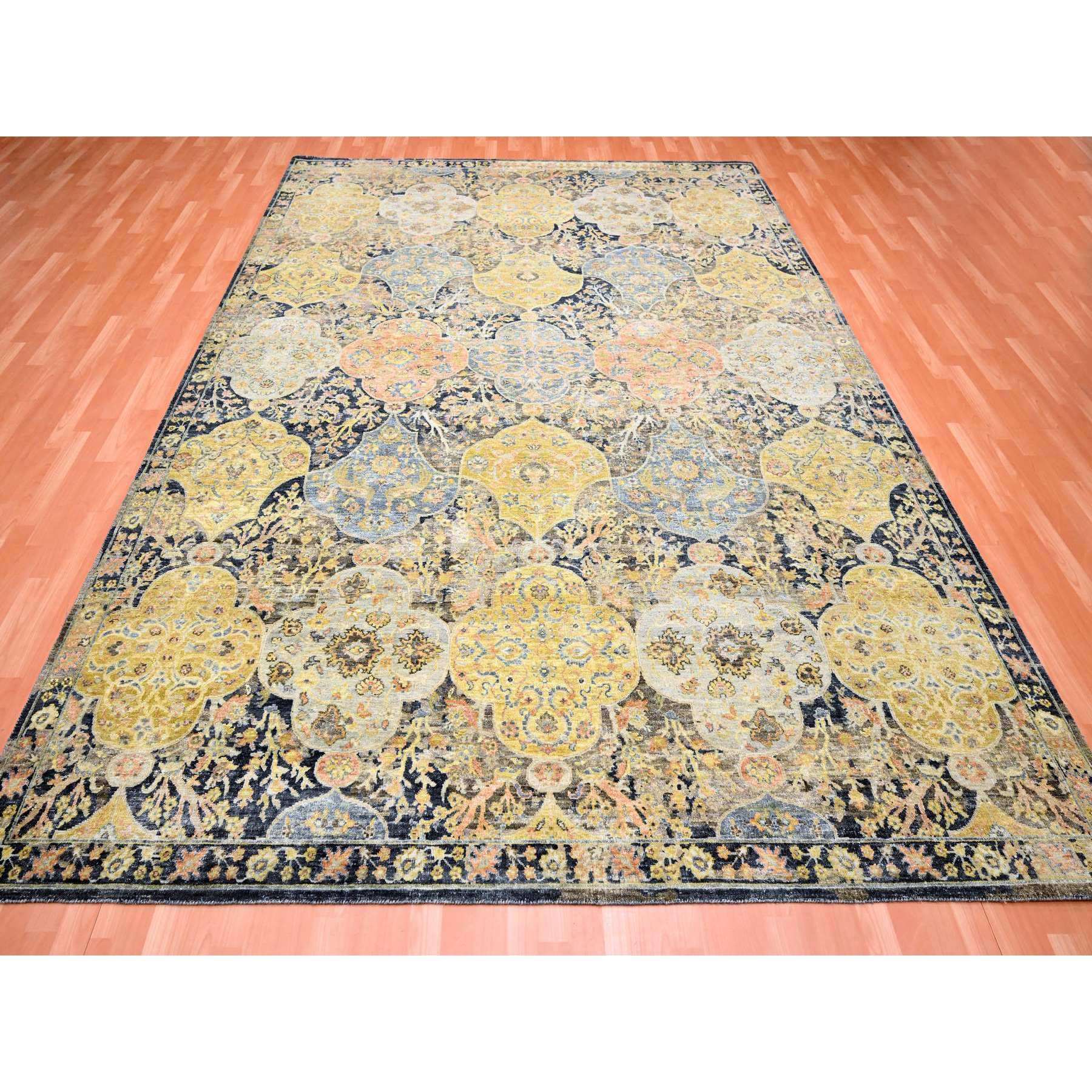 9'1"x11'9" Charcoal Black with Yellow, Repetitive Emblem Medallions Persian Garden Design Influence, Zero Pile, Hand Knotted, 100% Wool, Oriental Rug Sh75559