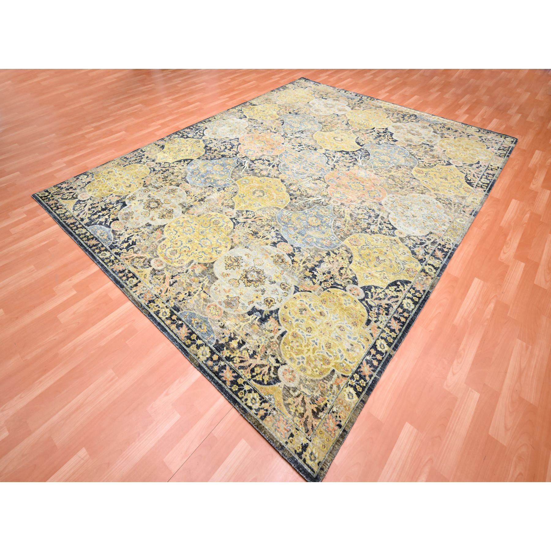 9'1"x11'9" Charcoal Black with Yellow, Repetitive Emblem Medallions Persian Garden Design Influence, Zero Pile, Hand Knotted, 100% Wool, Oriental Rug Sh75559
