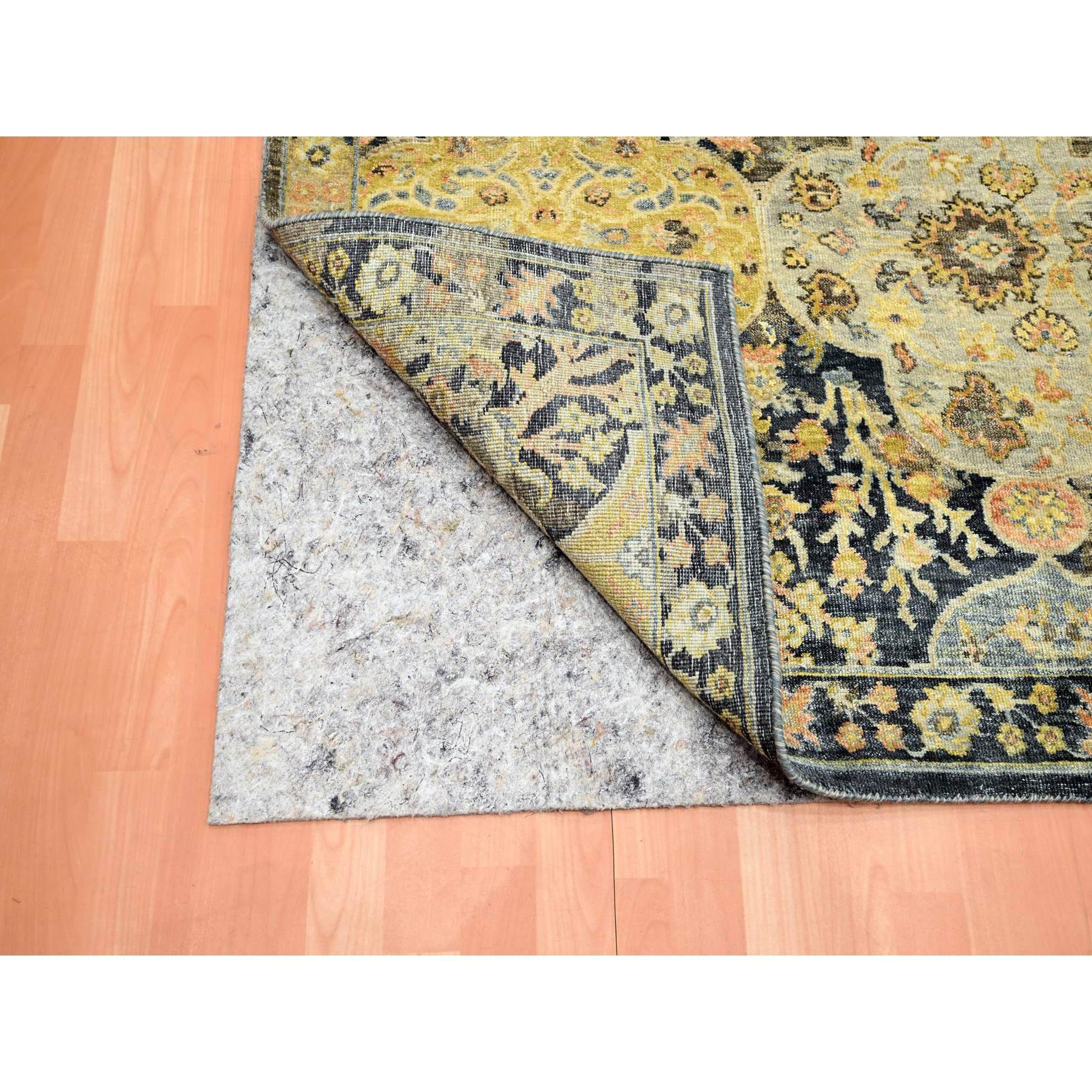 9'1"x11'9" Charcoal Black with Yellow, Repetitive Emblem Medallions Persian Garden Design Influence, Zero Pile, Hand Knotted, 100% Wool, Oriental Rug Sh75559
