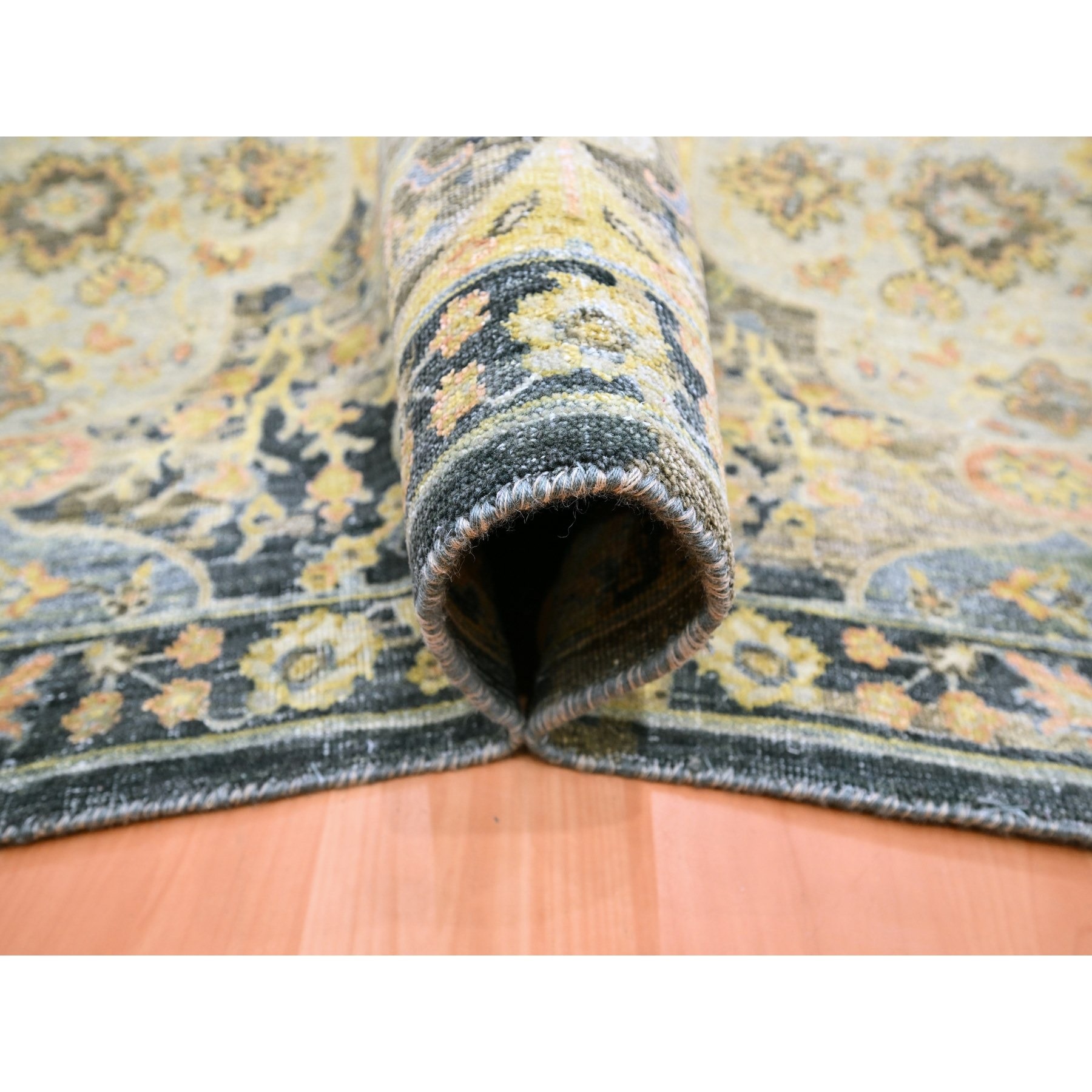 9'1"x11'9" Charcoal Black with Yellow, Repetitive Emblem Medallions Persian Garden Design Influence, Zero Pile, Hand Knotted, 100% Wool, Oriental Rug Sh75559