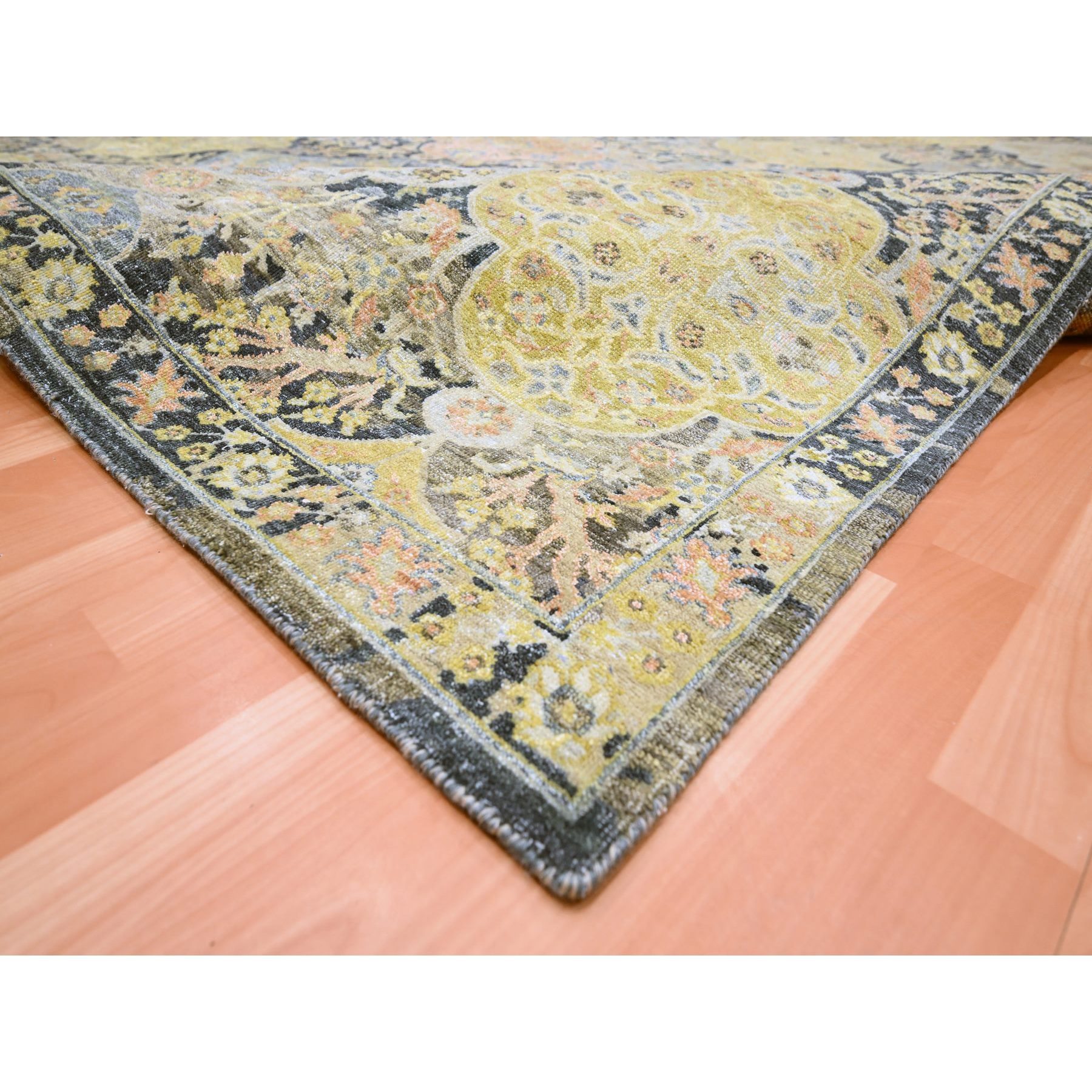 9'1"x11'9" Charcoal Black with Yellow, Repetitive Emblem Medallions Persian Garden Design Influence, Zero Pile, Hand Knotted, 100% Wool, Oriental Rug Sh75559