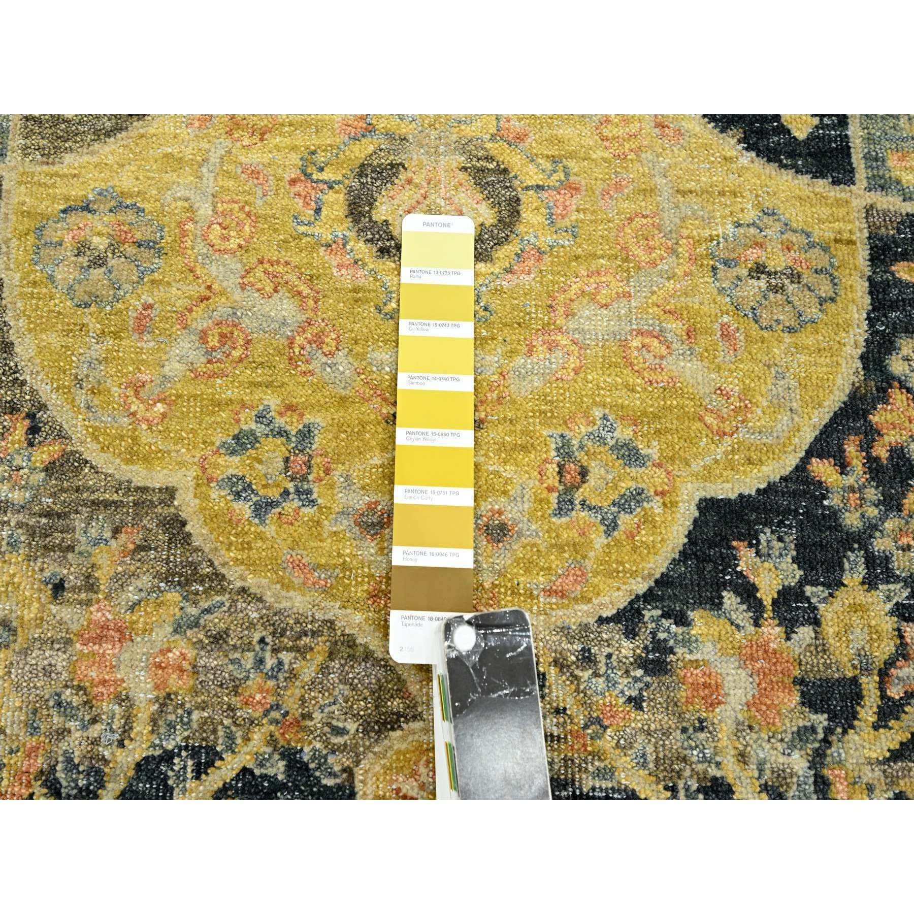 9'1"x11'9" Charcoal Black with Yellow, Repetitive Emblem Medallions Persian Garden Design Influence, Zero Pile, Hand Knotted, 100% Wool, Oriental Rug Sh75559