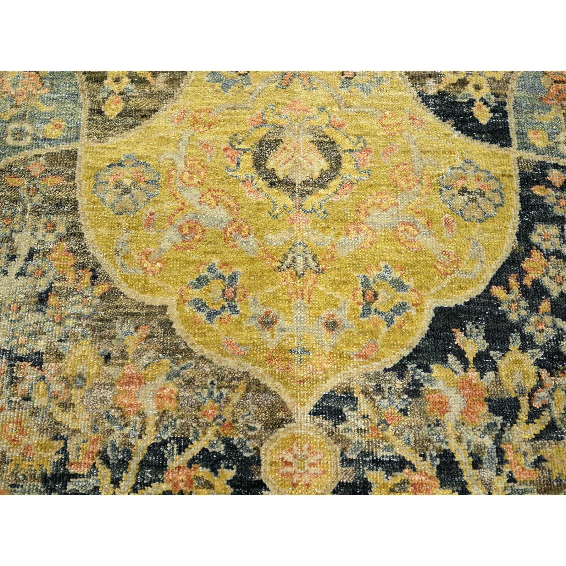 9'1"x11'9" Charcoal Black with Yellow, Repetitive Emblem Medallions Persian Garden Design Influence, Zero Pile, Hand Knotted, 100% Wool, Oriental Rug Sh75559