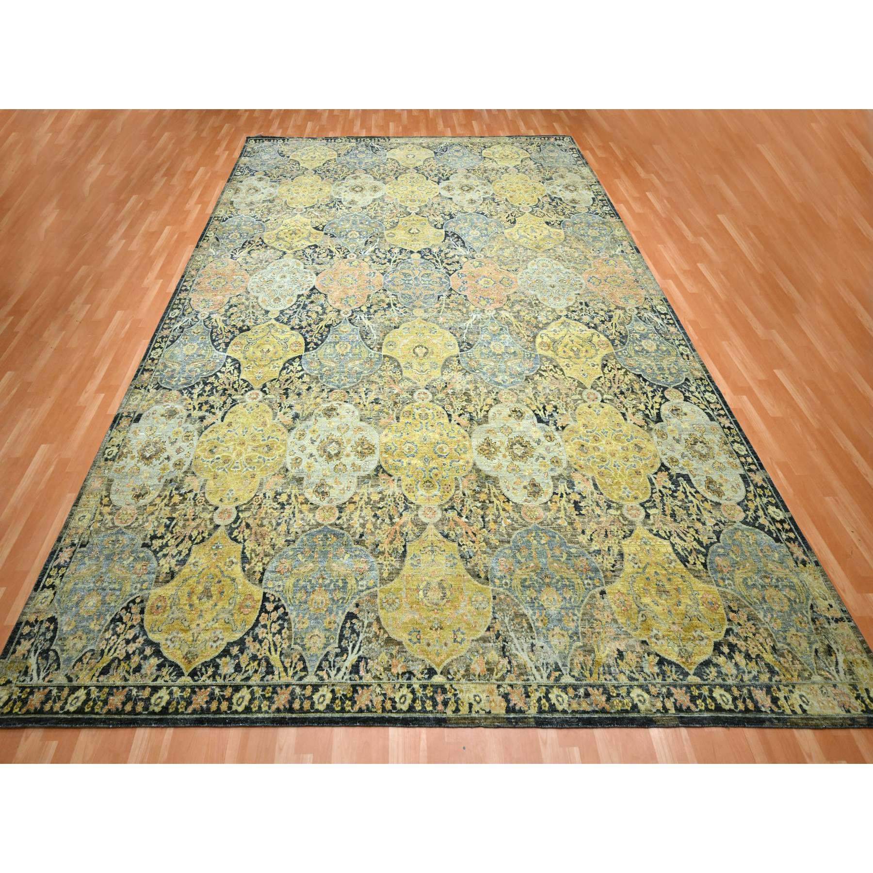 12'x15'7" Charcoal Black with Yellow, Repetitive Emblem Medallions Persian Garden Design Influence, Zero Pile, All Wool, Hand Knotted, Oversized, Oriental Rug Sh75560