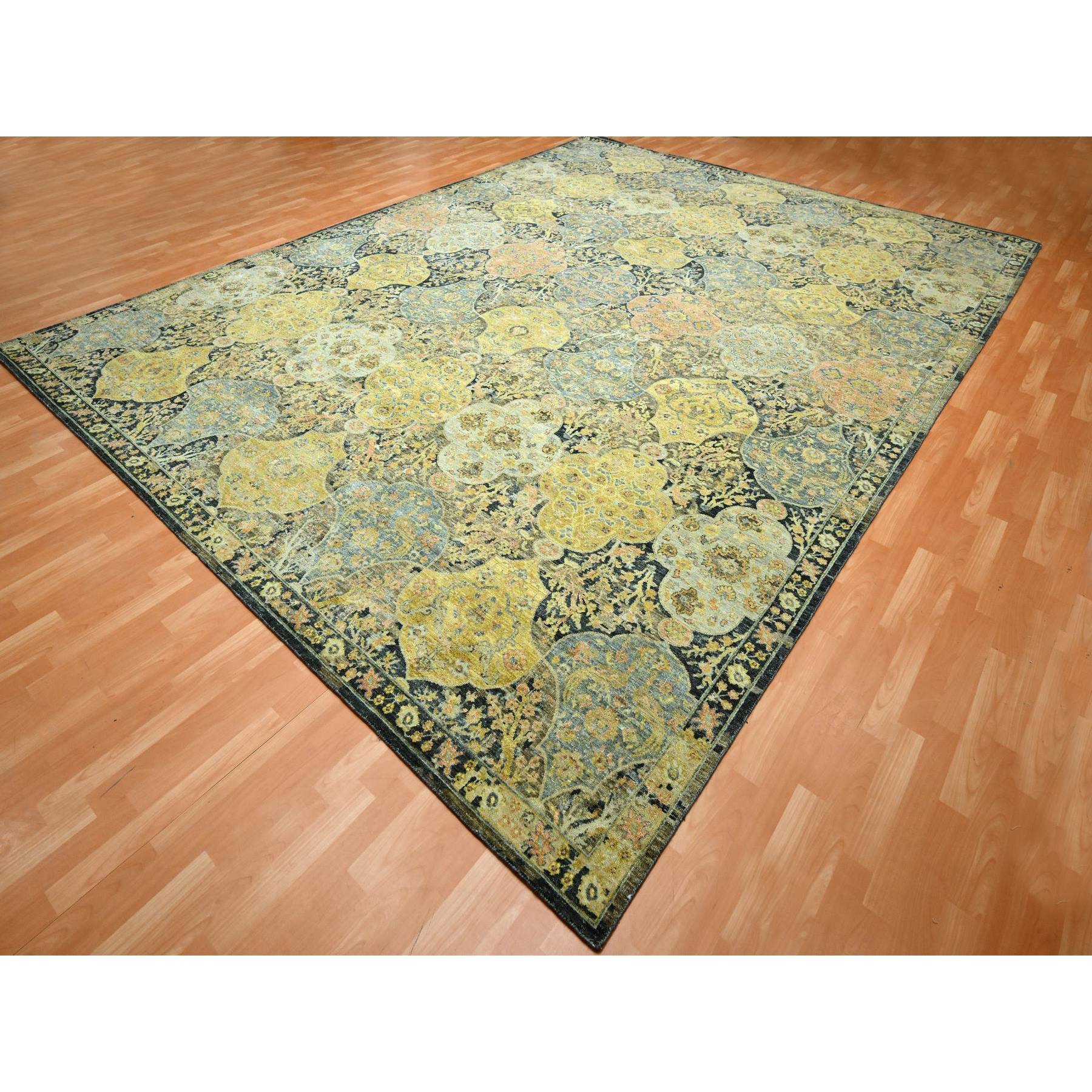 12'x15'7" Charcoal Black with Yellow, Repetitive Emblem Medallions Persian Garden Design Influence, Zero Pile, All Wool, Hand Knotted, Oversized, Oriental Rug Sh75560