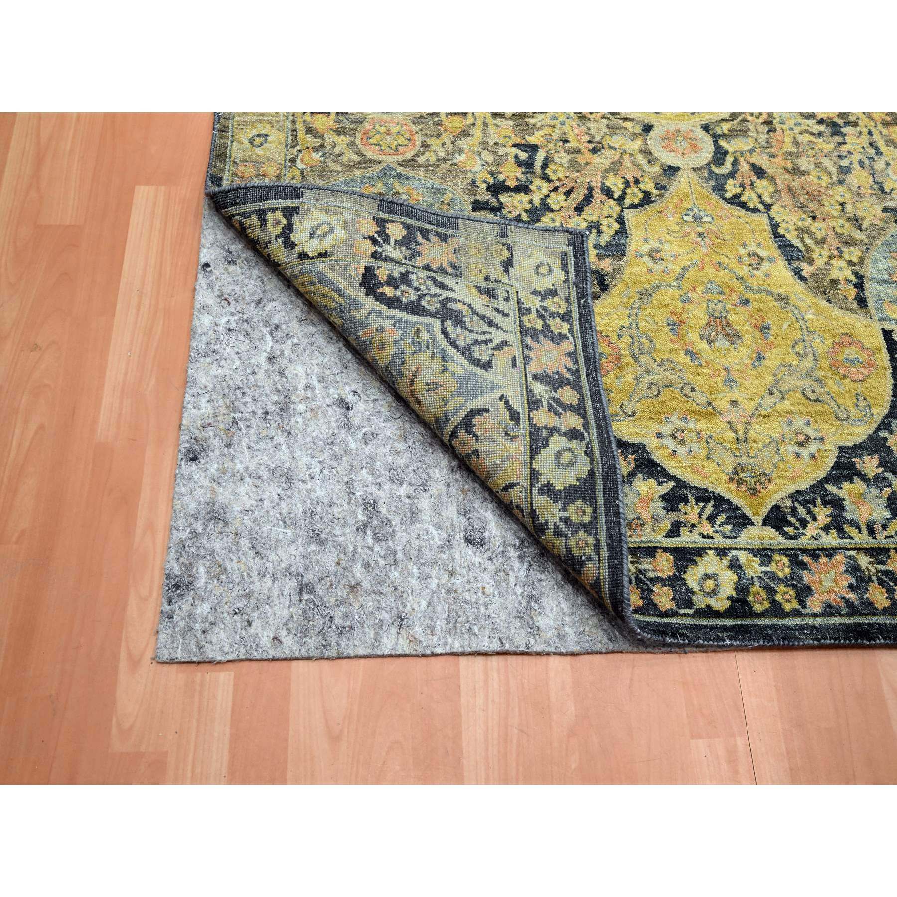 12'x15'7" Charcoal Black with Yellow, Repetitive Emblem Medallions Persian Garden Design Influence, Zero Pile, All Wool, Hand Knotted, Oversized, Oriental Rug Sh75560