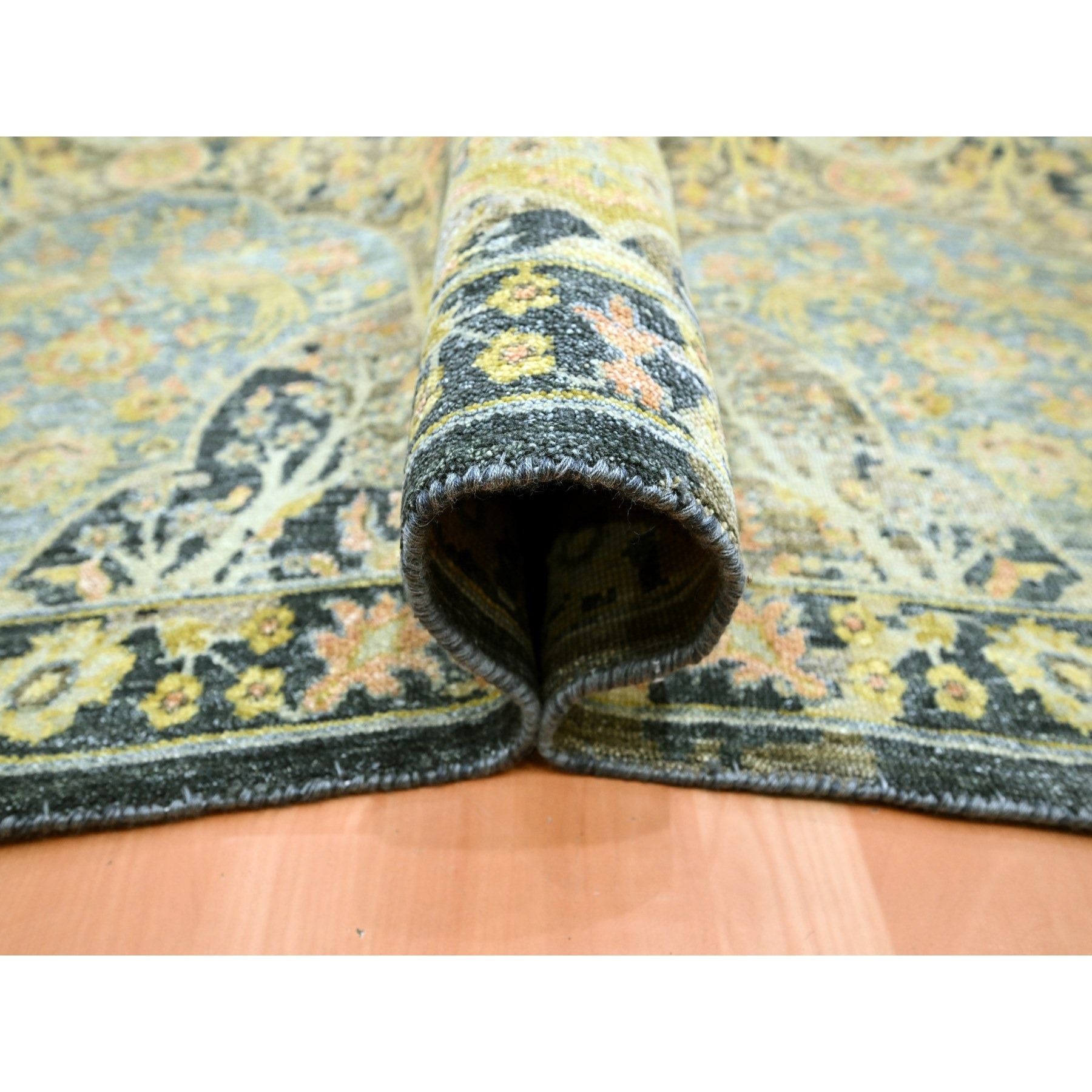 12'x15'7" Charcoal Black with Yellow, Repetitive Emblem Medallions Persian Garden Design Influence, Zero Pile, All Wool, Hand Knotted, Oversized, Oriental Rug Sh75560