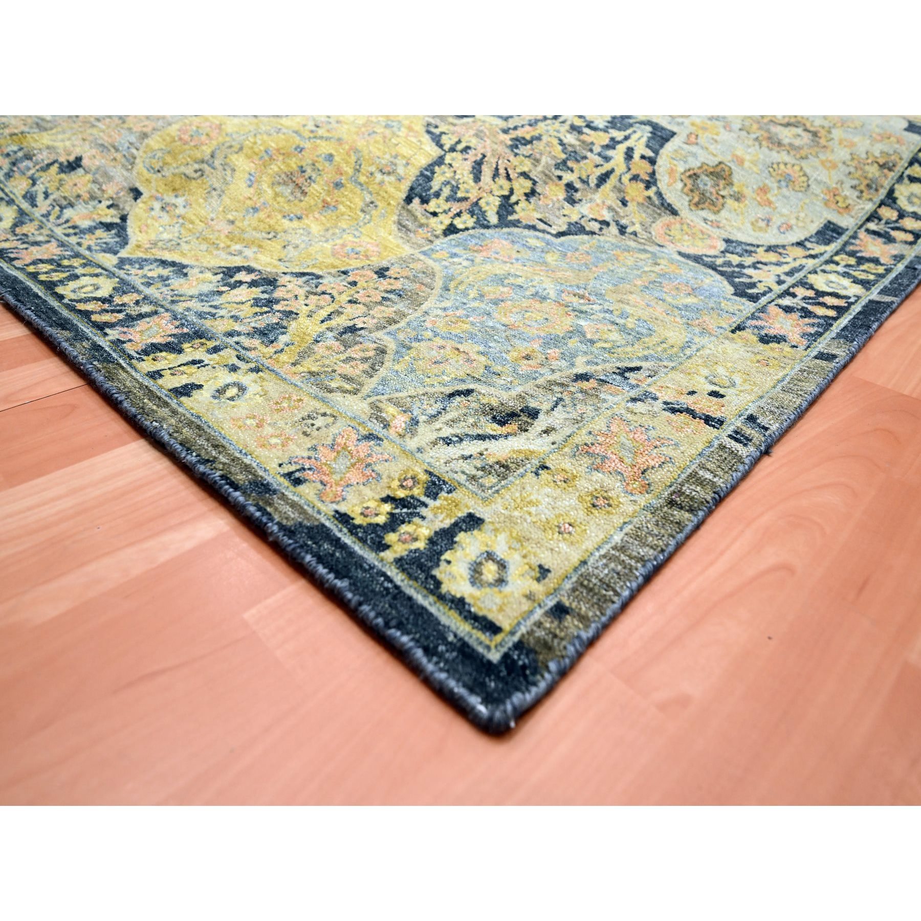 12'x15'7" Charcoal Black with Yellow, Repetitive Emblem Medallions Persian Garden Design Influence, Zero Pile, All Wool, Hand Knotted, Oversized, Oriental Rug Sh75560