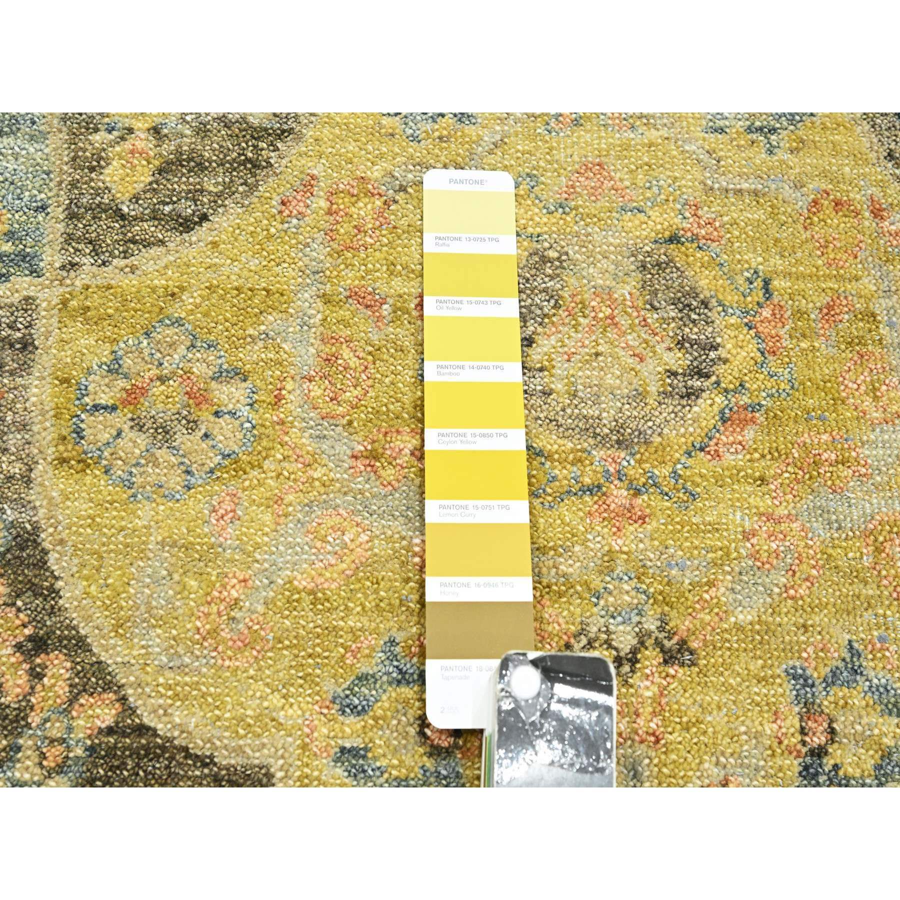 12'x15'7" Charcoal Black with Yellow, Repetitive Emblem Medallions Persian Garden Design Influence, Zero Pile, All Wool, Hand Knotted, Oversized, Oriental Rug Sh75560