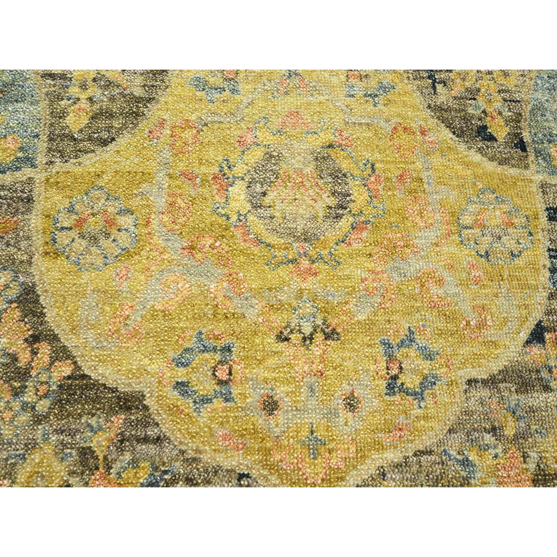 12'x15'7" Charcoal Black with Yellow, Repetitive Emblem Medallions Persian Garden Design Influence, Zero Pile, All Wool, Hand Knotted, Oversized, Oriental Rug Sh75560