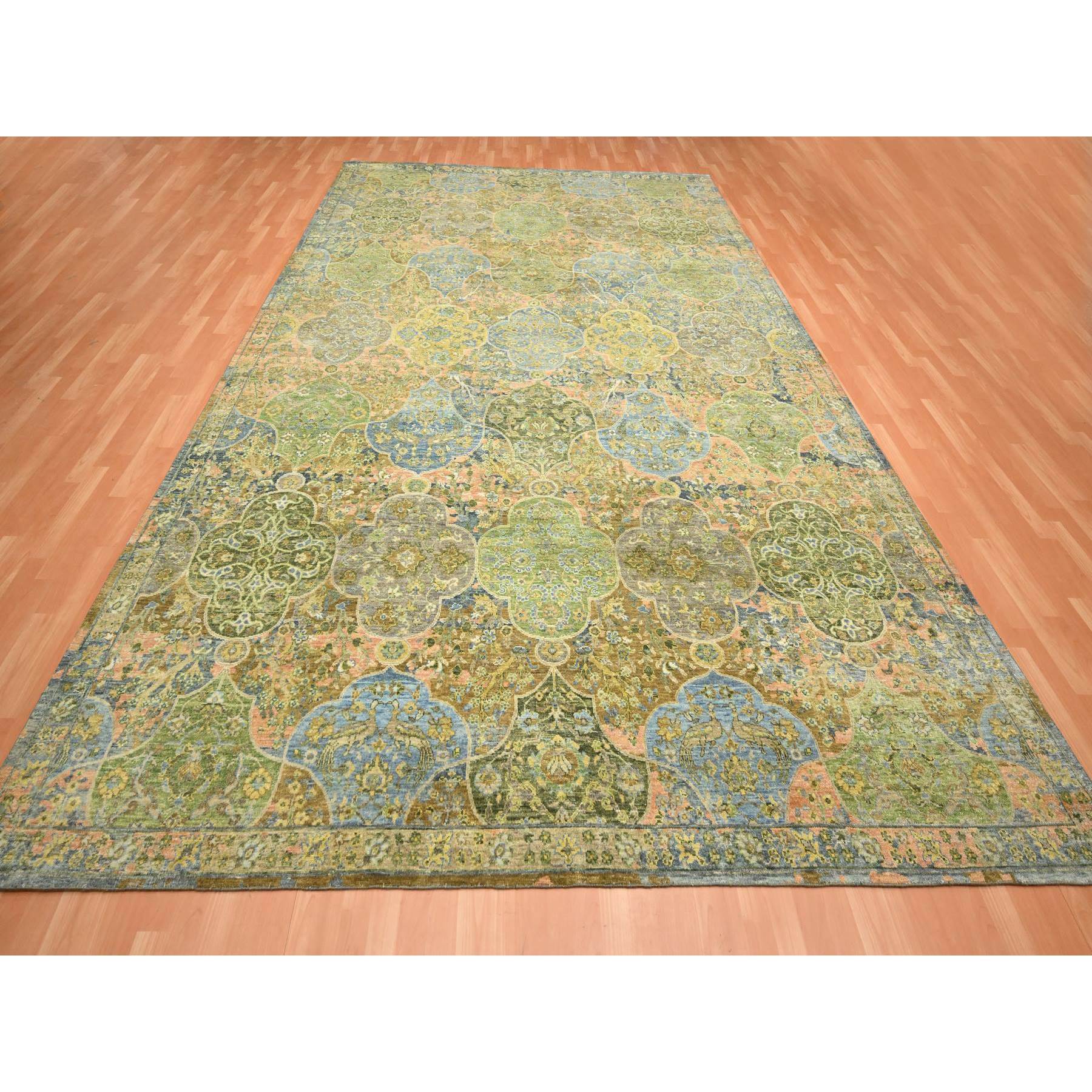 10'x14'3" Moss Green, Repetitive Emblem Medallions Persian Garden Design Influence, Zero Pile, Pure Wool, Hand Knotted, Oriental Rug Sh75561