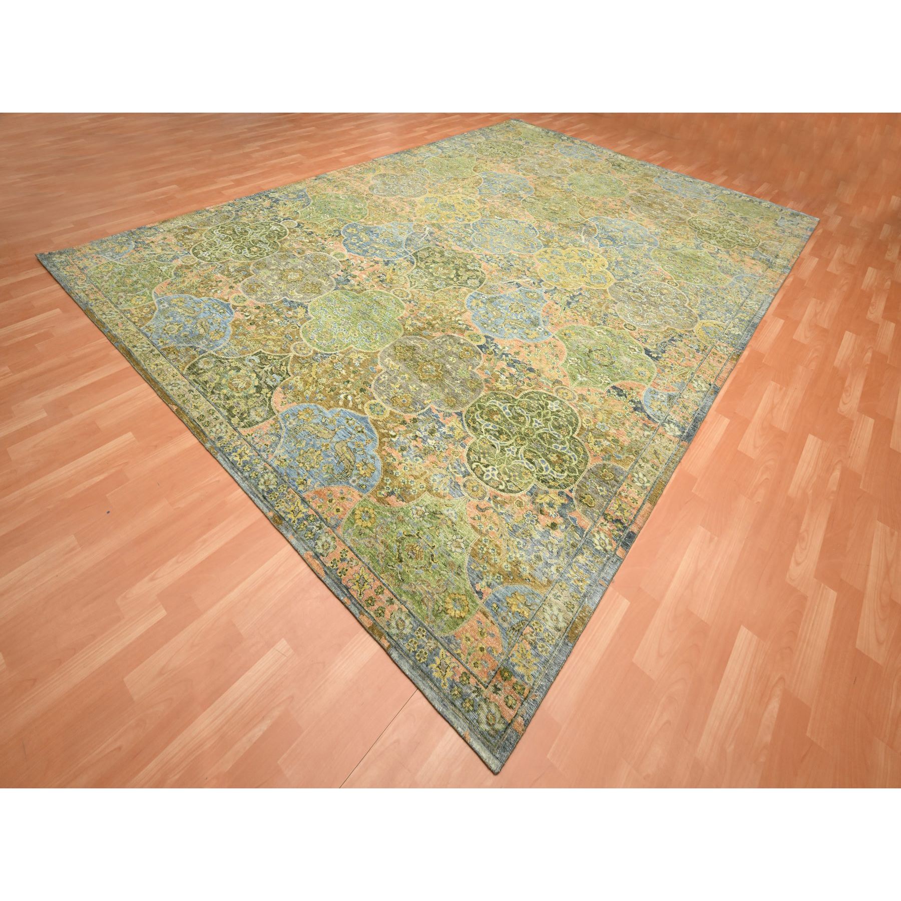 10'x14'3" Moss Green, Repetitive Emblem Medallions Persian Garden Design Influence, Zero Pile, Pure Wool, Hand Knotted, Oriental Rug Sh75561