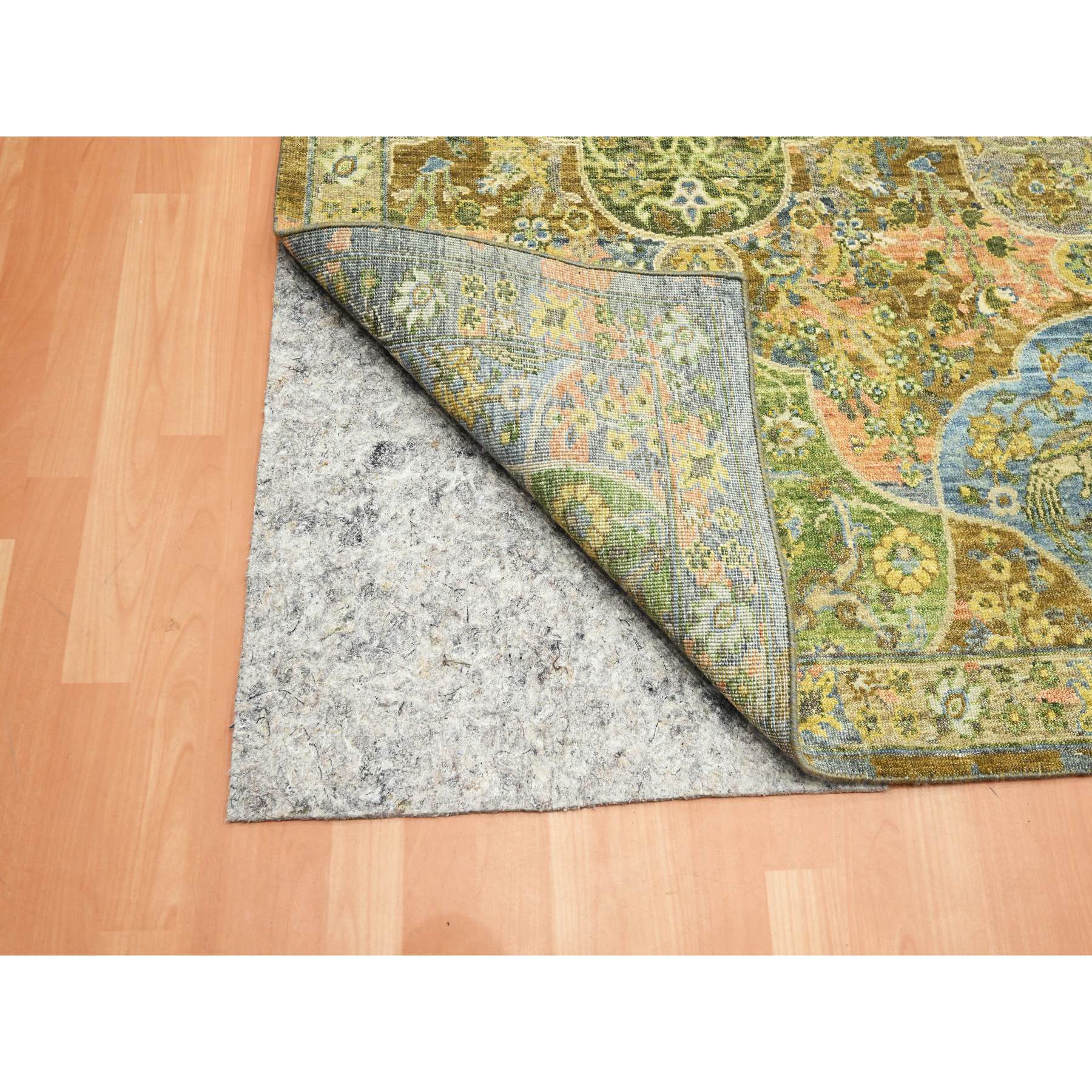 10'x14'3" Moss Green, Repetitive Emblem Medallions Persian Garden Design Influence, Zero Pile, Pure Wool, Hand Knotted, Oriental Rug Sh75561