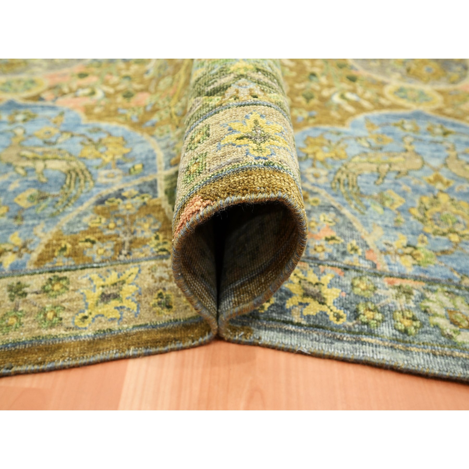 10'x14'3" Moss Green, Repetitive Emblem Medallions Persian Garden Design Influence, Zero Pile, Pure Wool, Hand Knotted, Oriental Rug Sh75561