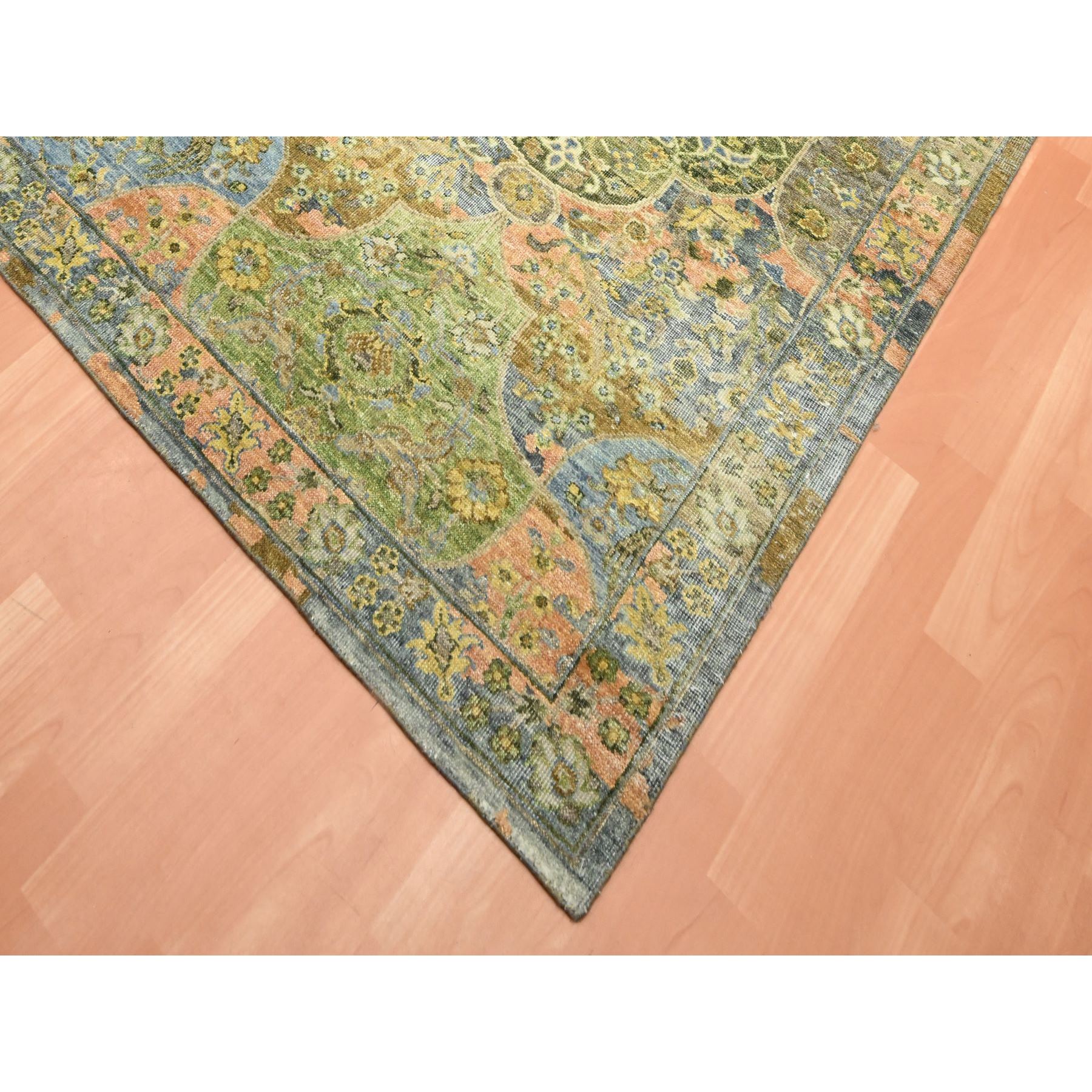 10'x14'3" Moss Green, Repetitive Emblem Medallions Persian Garden Design Influence, Zero Pile, Pure Wool, Hand Knotted, Oriental Rug Sh75561