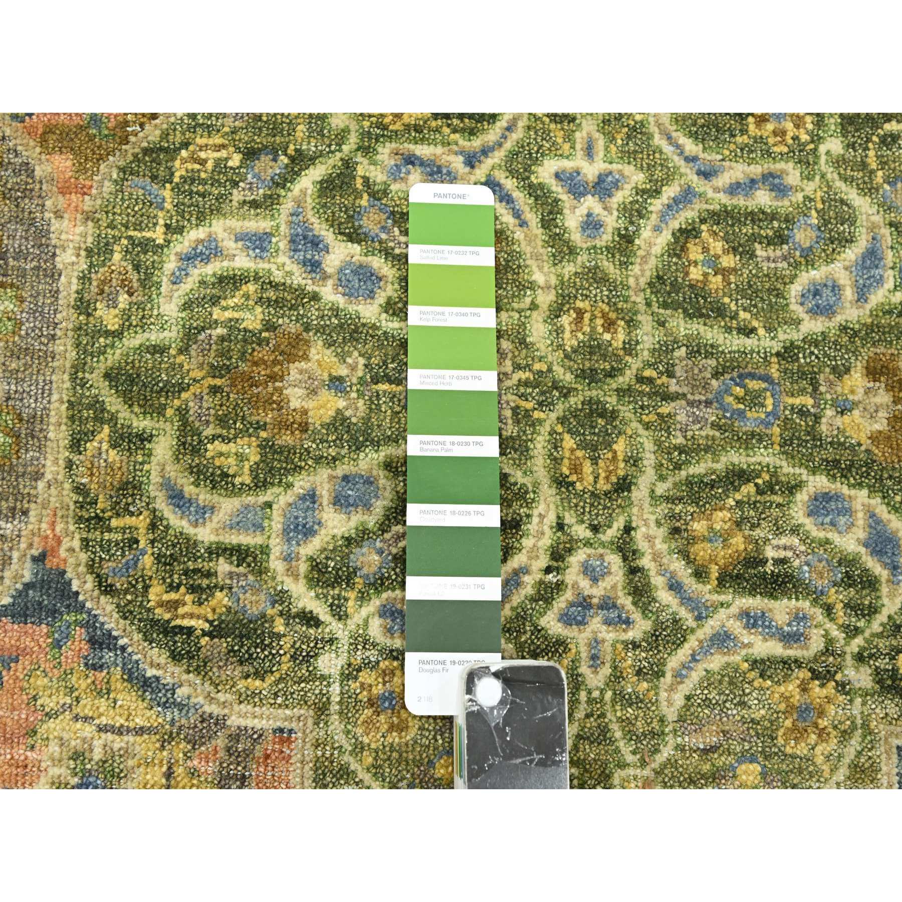 10'x14'3" Moss Green, Repetitive Emblem Medallions Persian Garden Design Influence, Zero Pile, Pure Wool, Hand Knotted, Oriental Rug Sh75561