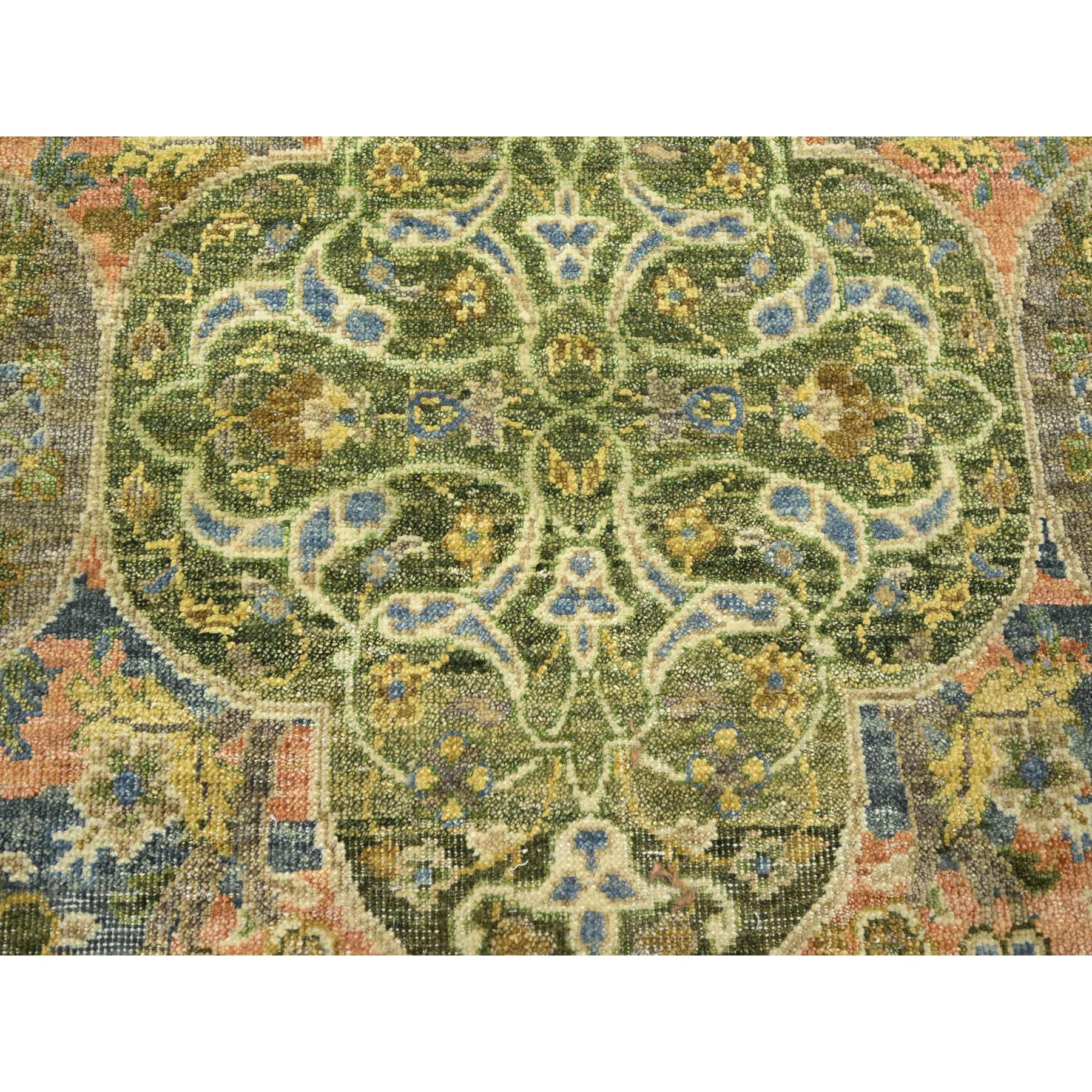 10'x14'3" Moss Green, Repetitive Emblem Medallions Persian Garden Design Influence, Zero Pile, Pure Wool, Hand Knotted, Oriental Rug Sh75561