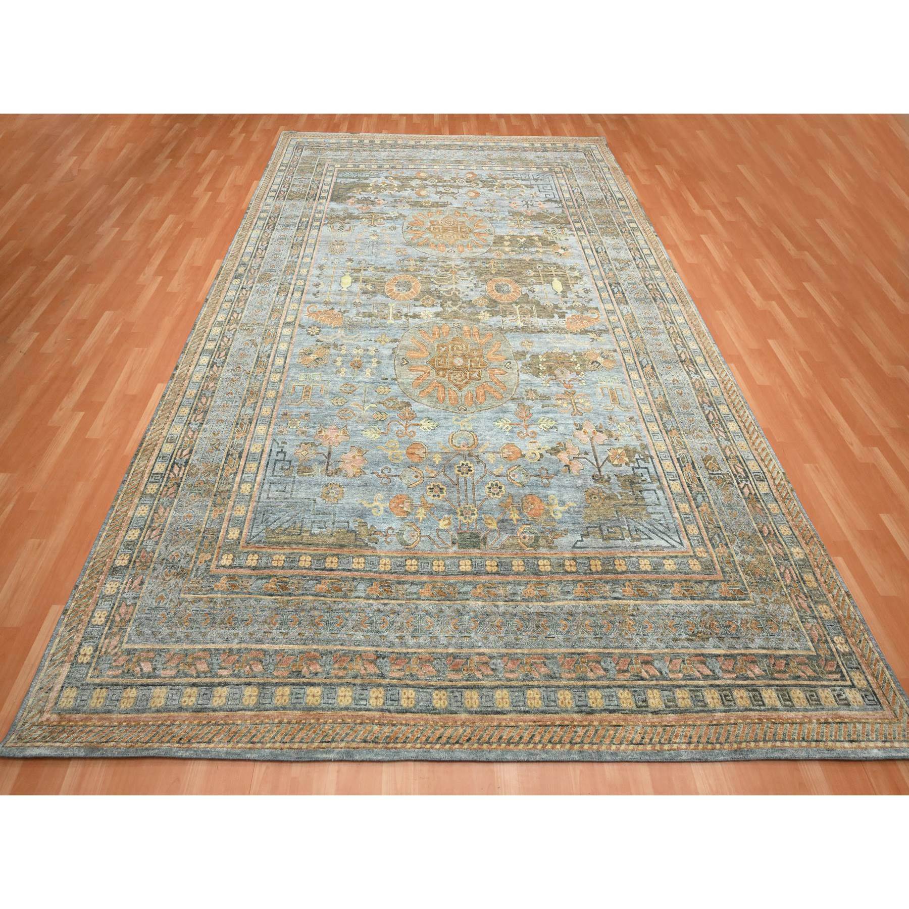 10'x14'2" Stone Blue, Khotan Influence with Distinct Abrash, Shaved Low, Zero Pile, Hand Knotted, Wool and Silk, Oriental Rug Sh75565