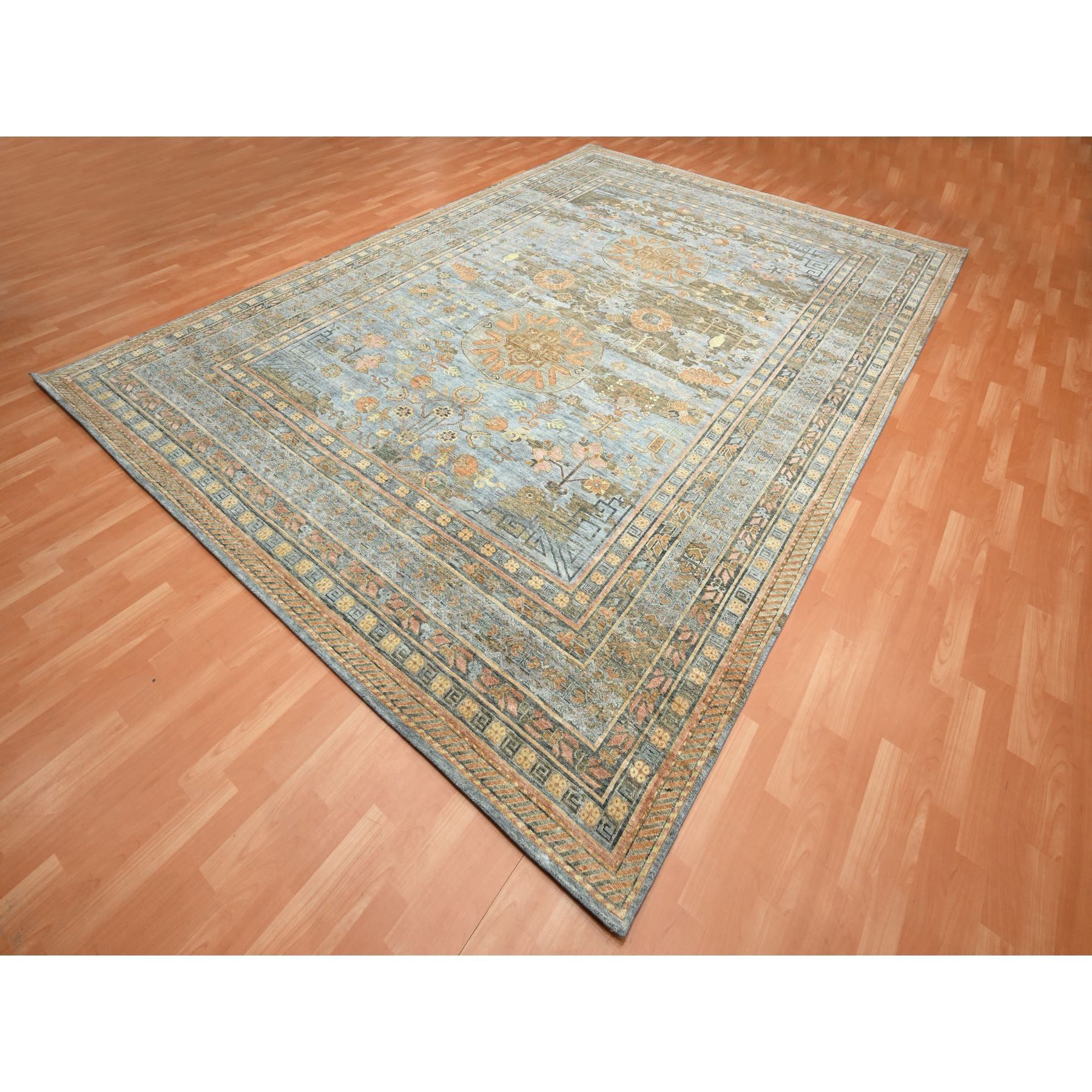 10'x14'2" Stone Blue, Khotan Influence with Distinct Abrash, Shaved Low, Zero Pile, Hand Knotted, Wool and Silk, Oriental Rug Sh75565