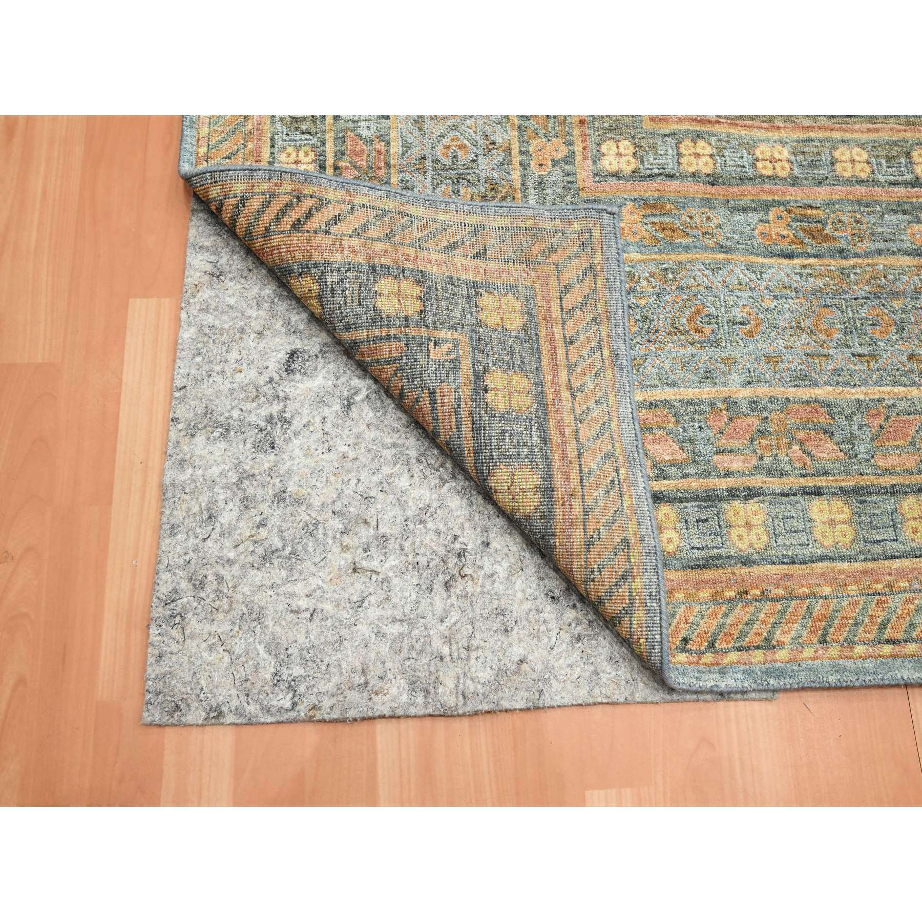 10'x14'2" Stone Blue, Khotan Influence with Distinct Abrash, Shaved Low, Zero Pile, Hand Knotted, Wool and Silk, Oriental Rug Sh75565