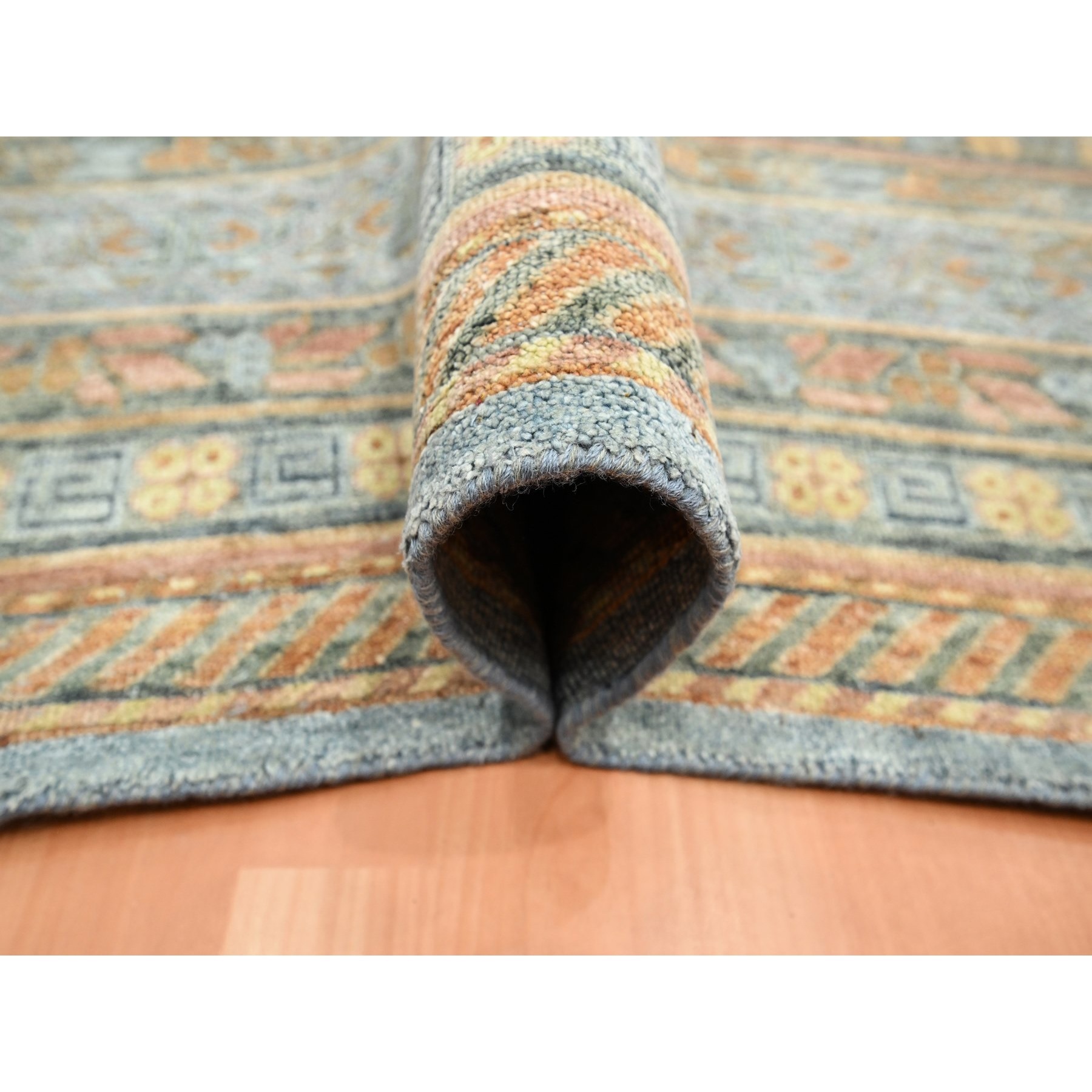 10'x14'2" Stone Blue, Khotan Influence with Distinct Abrash, Shaved Low, Zero Pile, Hand Knotted, Wool and Silk, Oriental Rug Sh75565