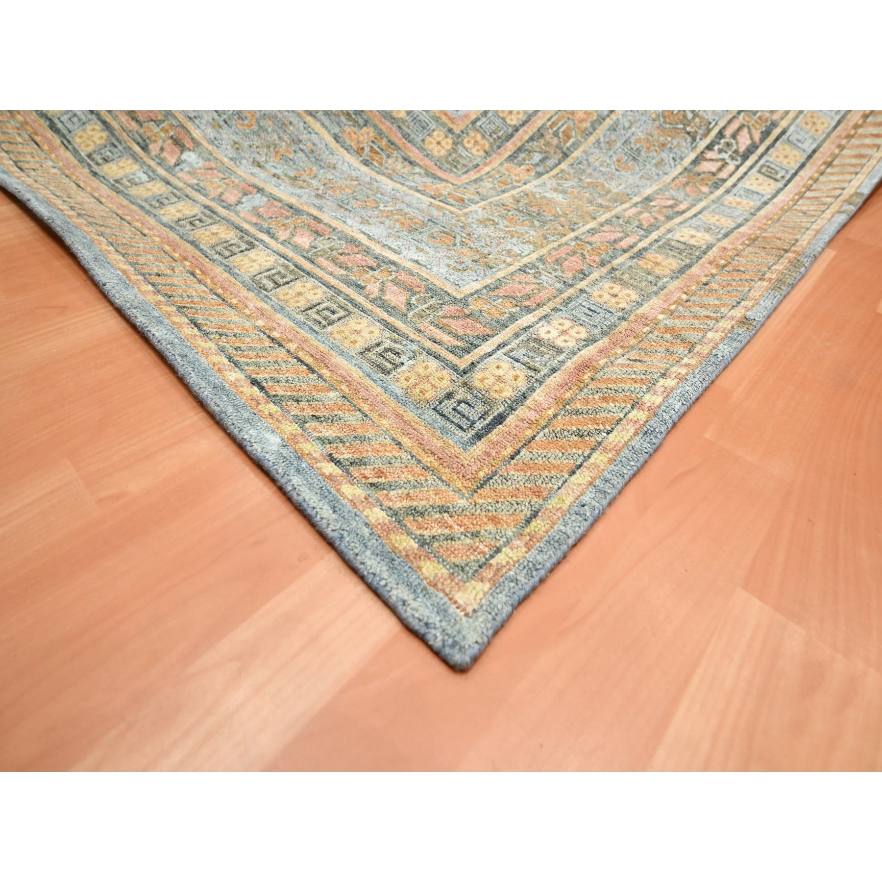 10'x14'2" Stone Blue, Khotan Influence with Distinct Abrash, Shaved Low, Zero Pile, Hand Knotted, Wool and Silk, Oriental Rug Sh75565