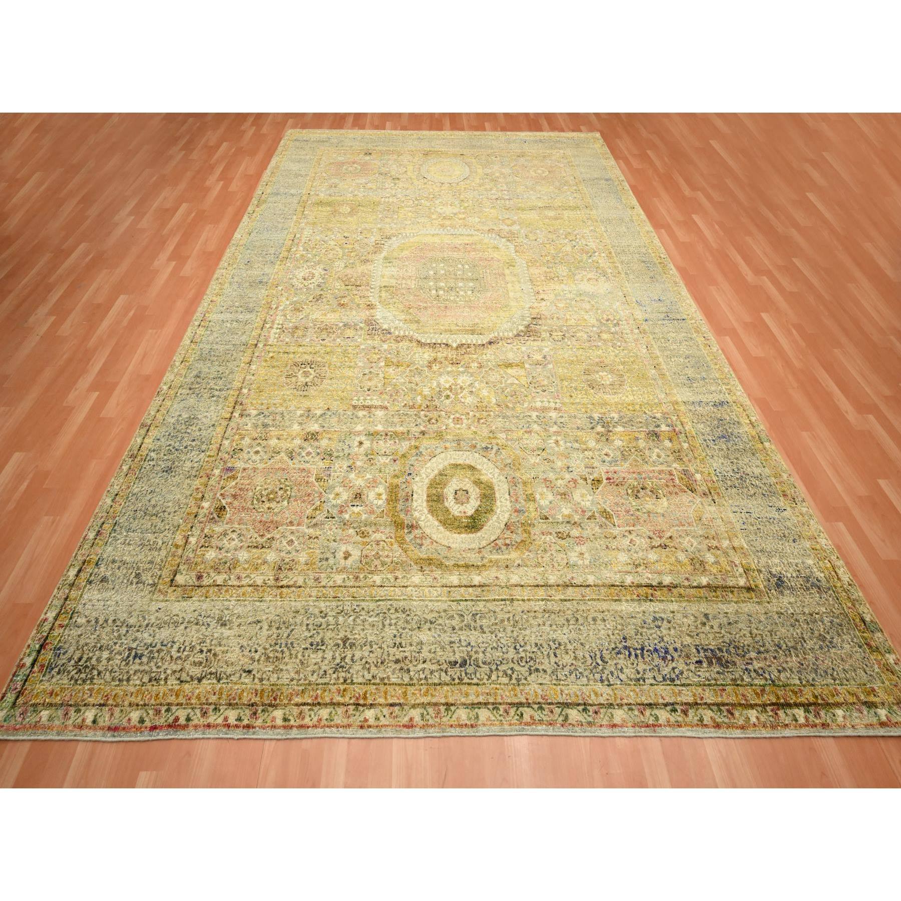 10'x13'9" Greenish Yellow, Mamluk with Large Medallion Design, Pure Silk with Textured Wool, Hand Knotted, Oriental Rug Sh75566