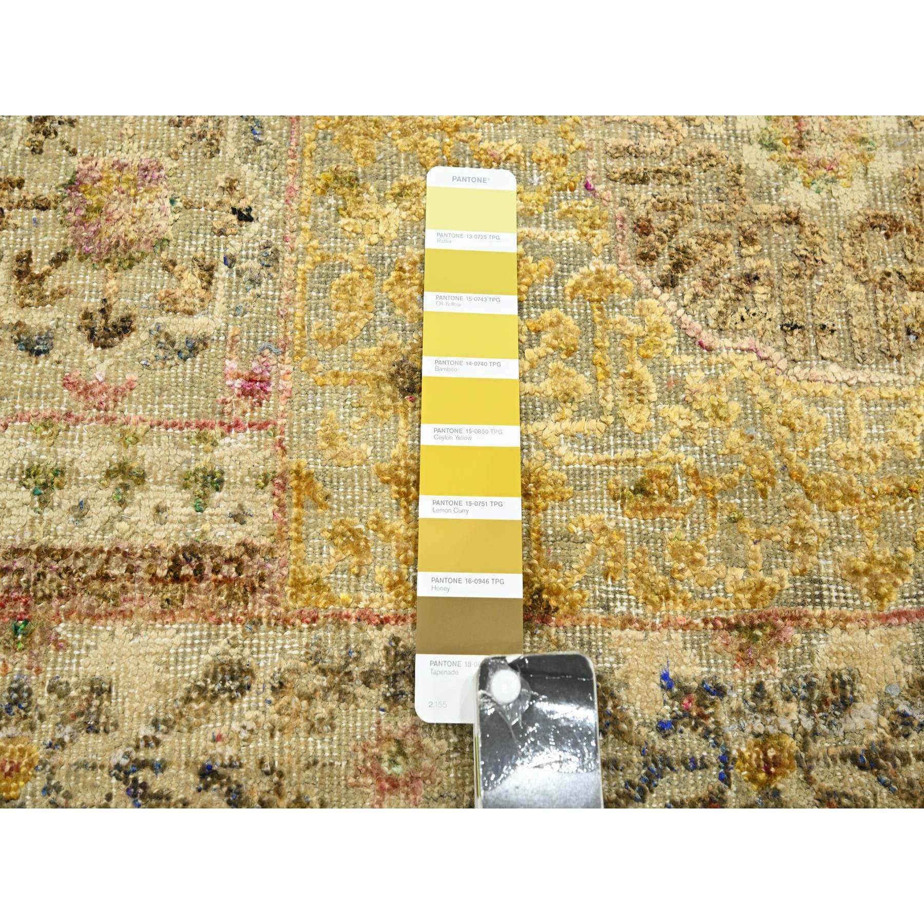 10'x13'9" Greenish Yellow, Mamluk with Large Medallion Design, Pure Silk with Textured Wool, Hand Knotted, Oriental Rug Sh75566