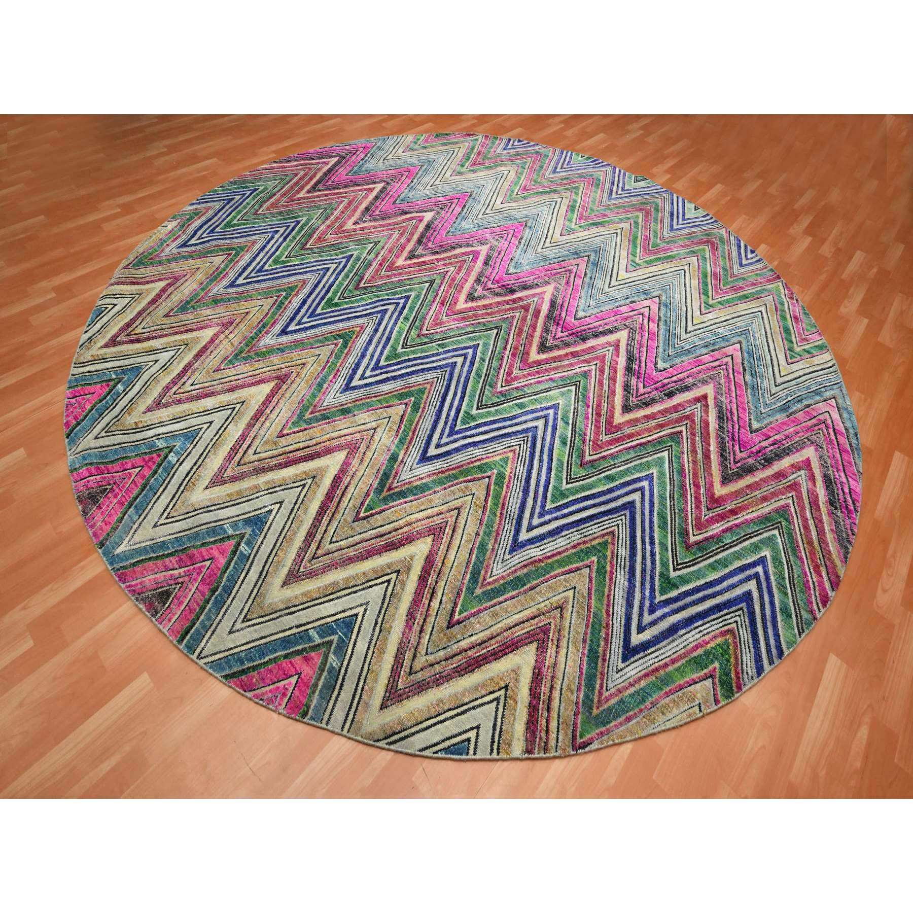 11'9"x11'9" Fuscia Pink, Colorful Chevron Design, Hand Knotted, Sari Silk with Textured Wool, Round, Oriental Rug Sh75567