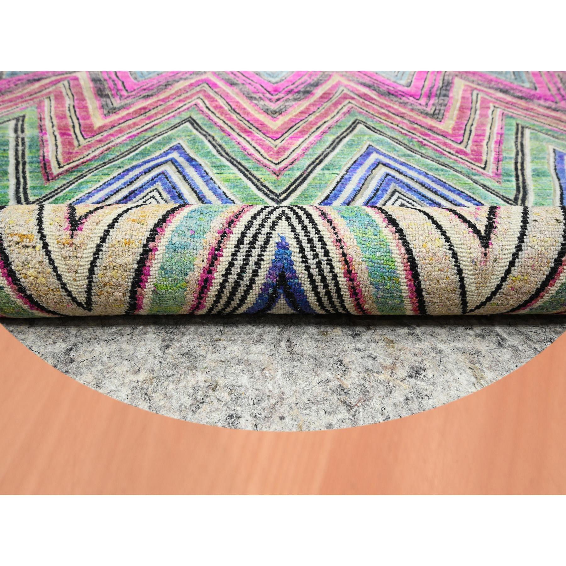 11'9"x11'9" Fuscia Pink, Colorful Chevron Design, Hand Knotted, Sari Silk with Textured Wool, Round, Oriental Rug Sh75567